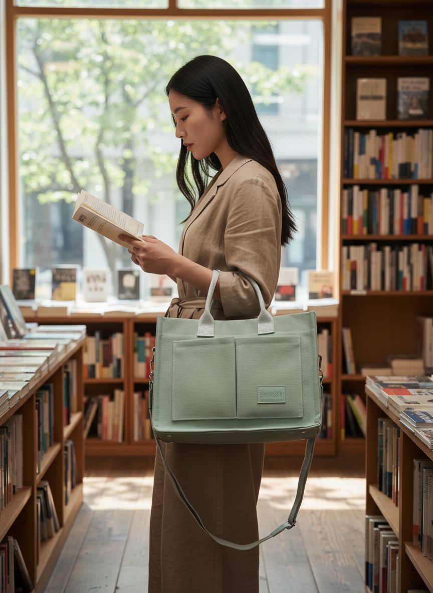 Canvas tote bag in neutral tone with multiple compartments and shoulder straps โ view 4