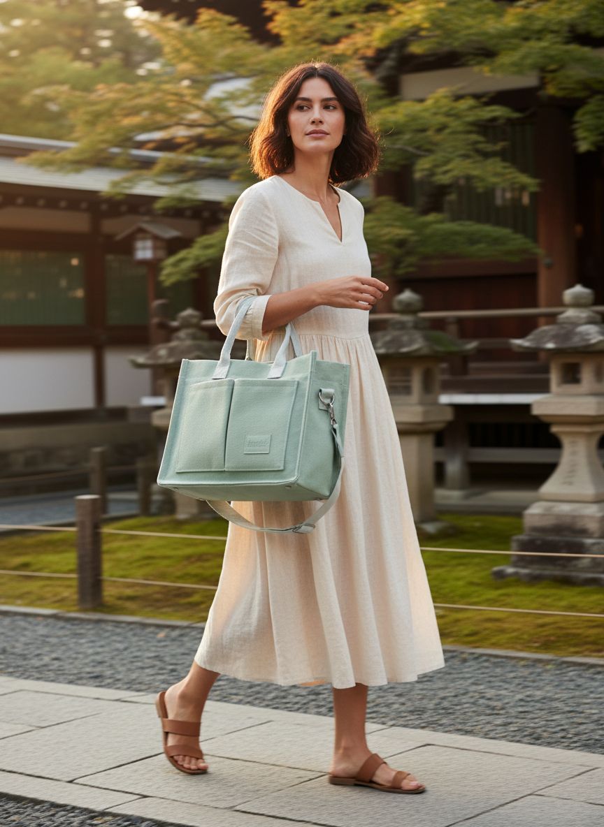 Canvas tote bag in neutral tone with multiple compartments and shoulder straps โ view 5a