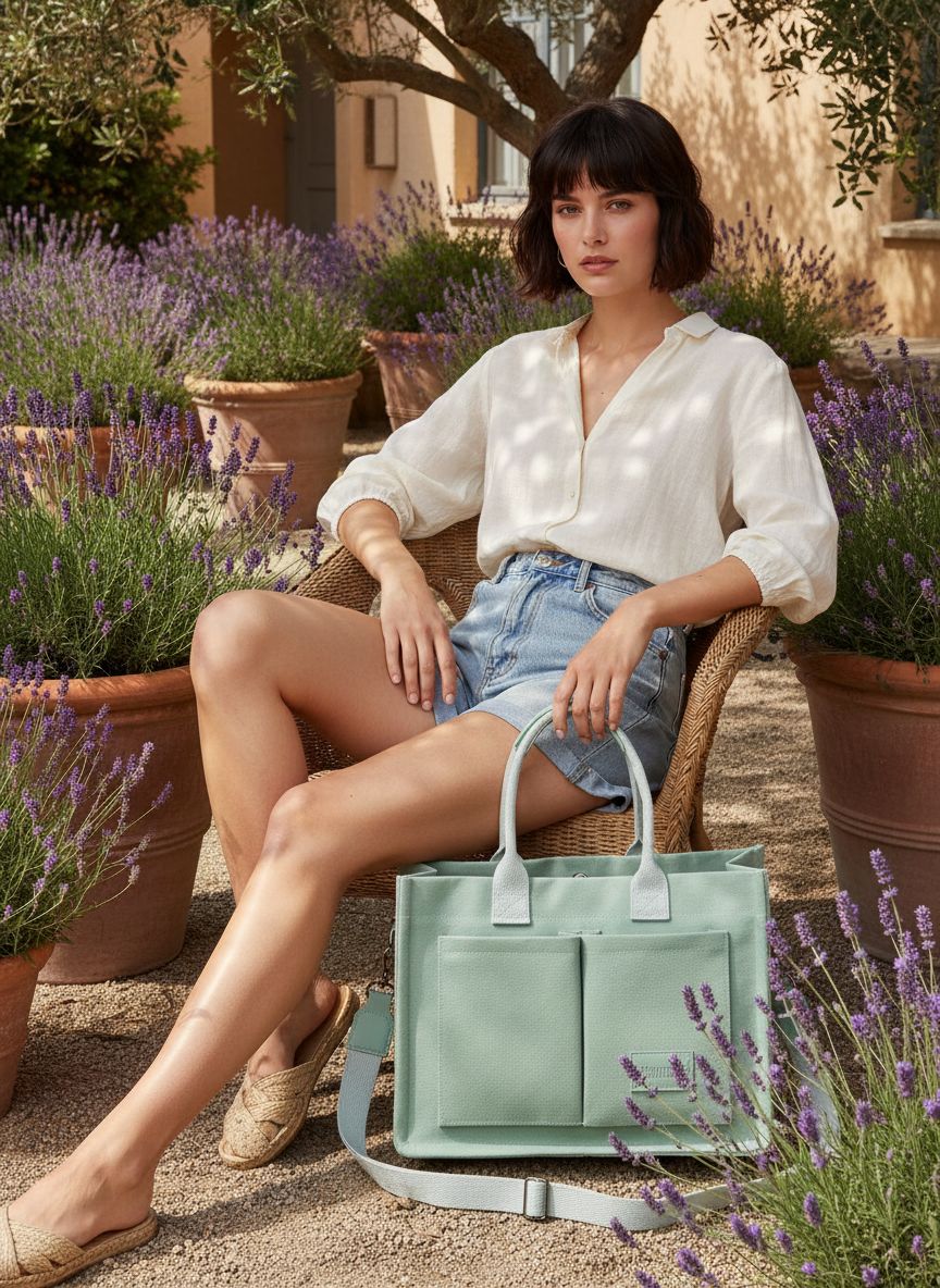 Canvas tote bag in neutral tone with multiple compartments and shoulder straps โ view 5b