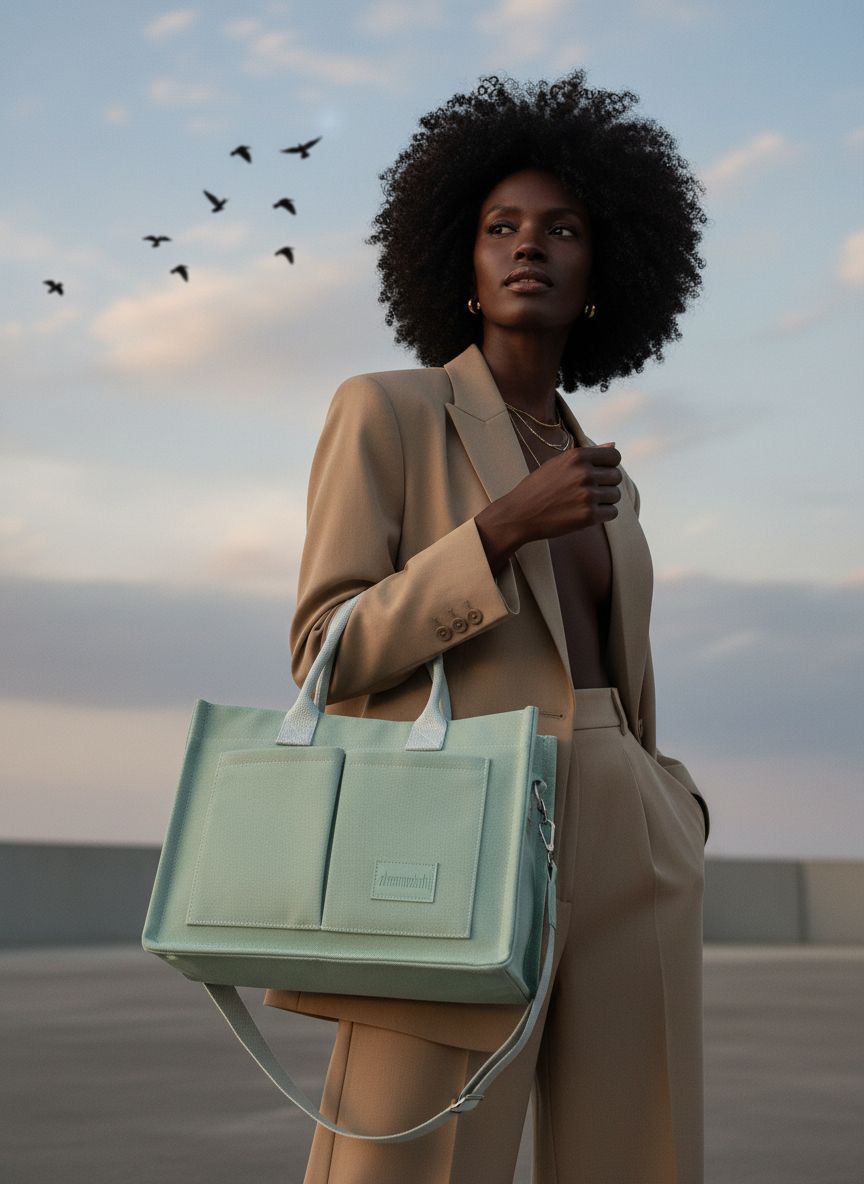 Canvas tote bag in neutral tone with multiple compartments and shoulder straps โ view 7a