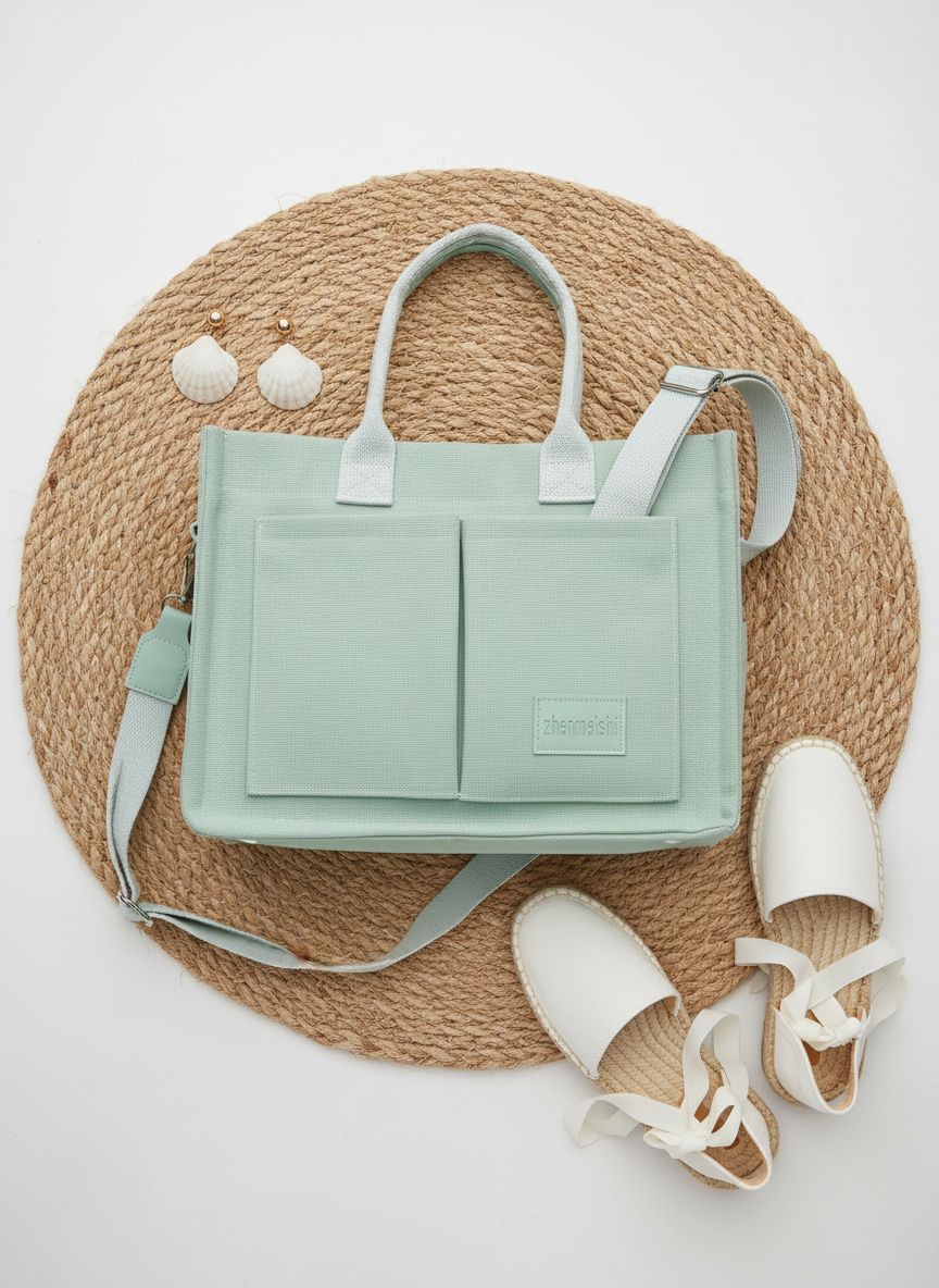 Canvas tote bag in neutral tone with multiple compartments and shoulder straps โ view 7b