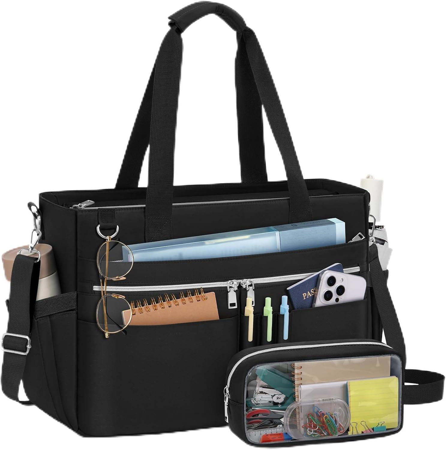 Water-resistant nylon tote bag with 15.6-inch laptop compartment in neutral color — view 1