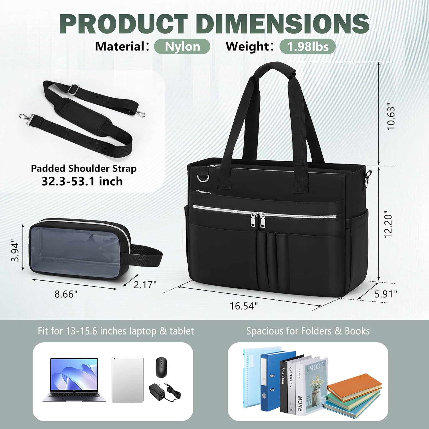 Water-resistant nylon tote bag with 15.6-inch laptop compartment in neutral color — view 3