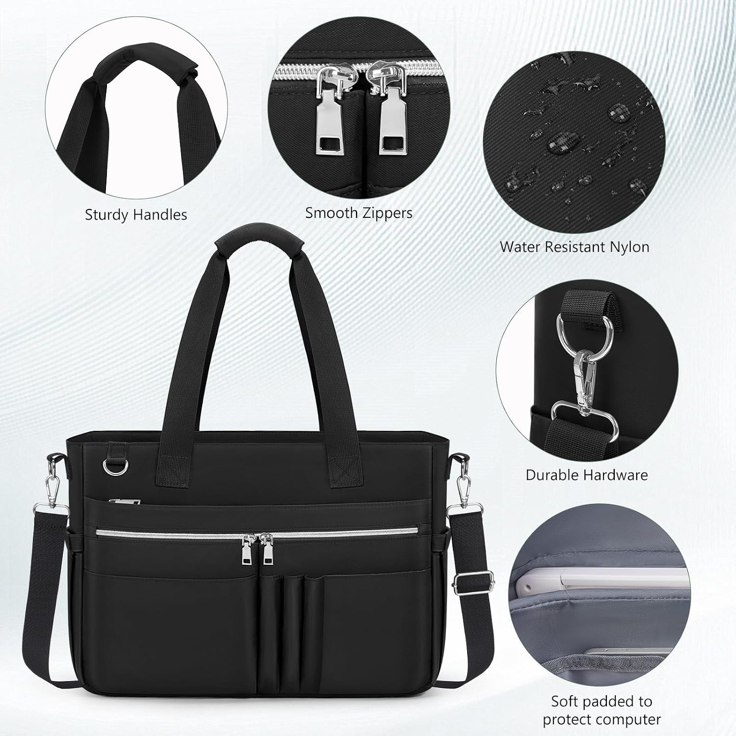 Water-resistant nylon tote bag with 15.6-inch laptop compartment in neutral color — view 5