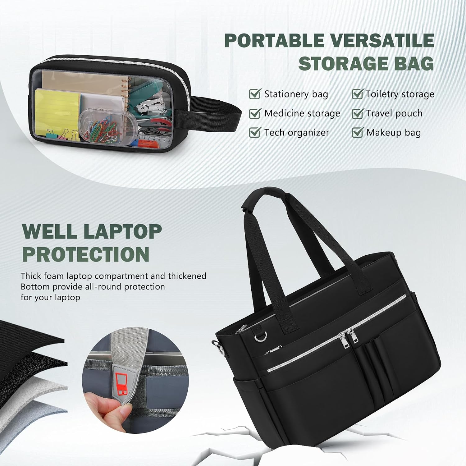 Water-resistant nylon tote bag with 15.6-inch laptop compartment in neutral color — view 6