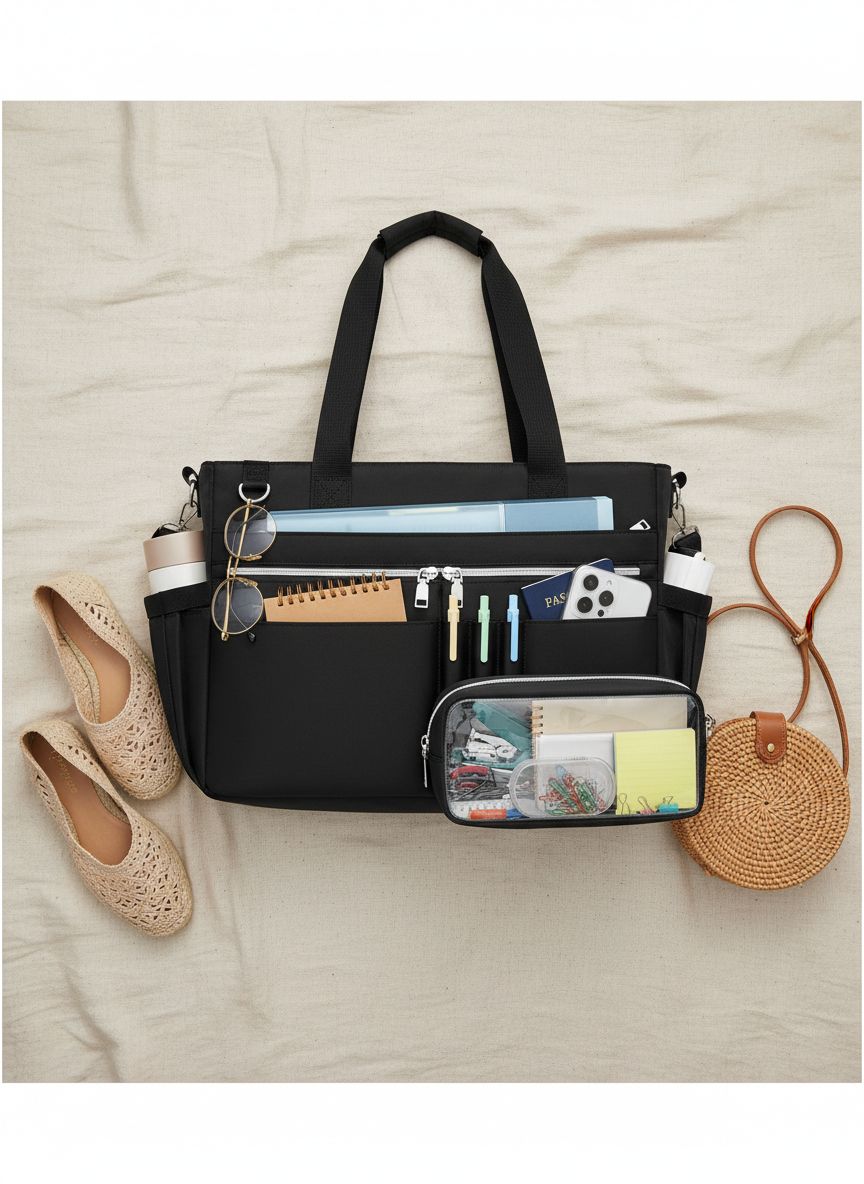 Water-resistant nylon tote bag with 15.6-inch laptop compartment in neutral color — view 7b