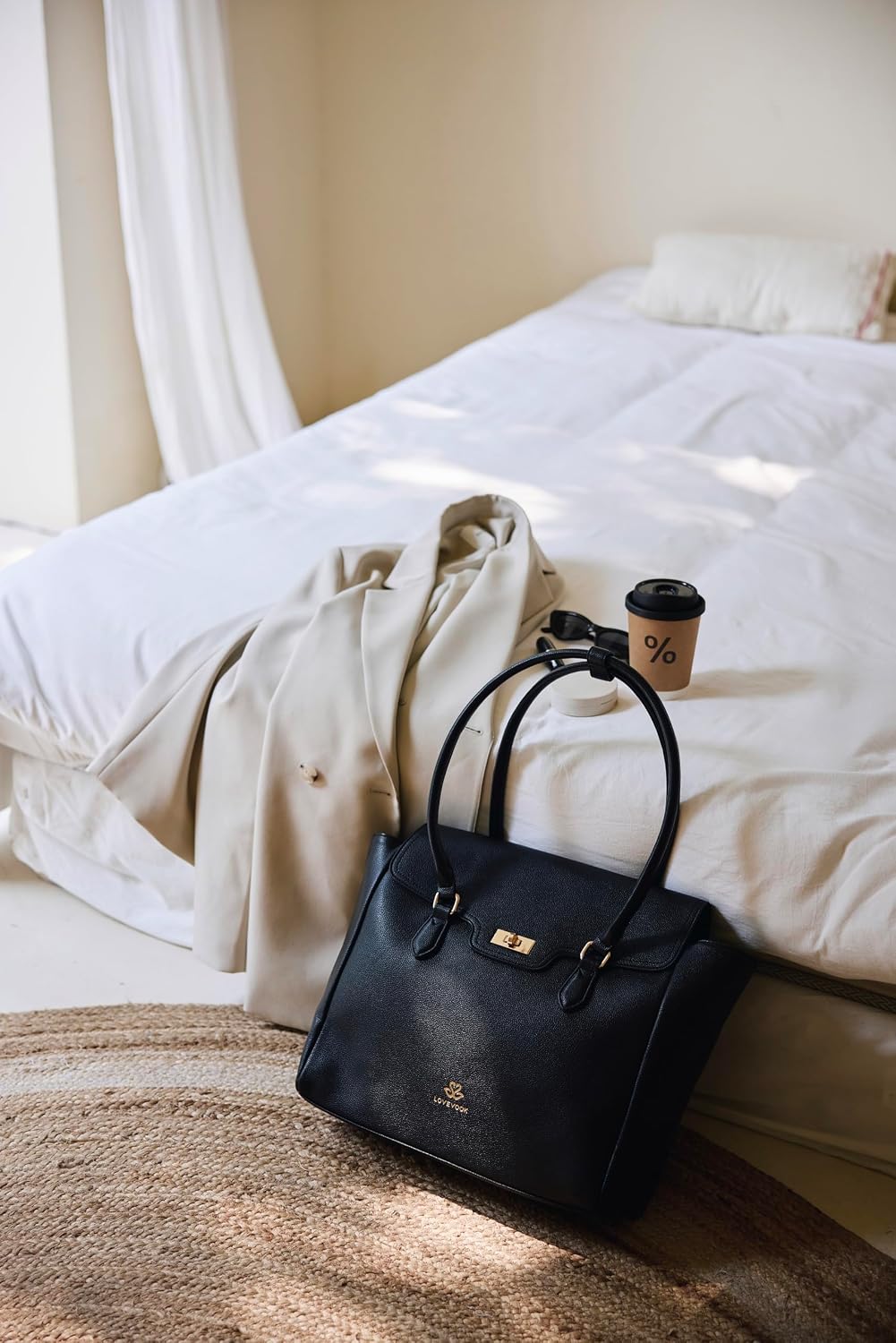 Soft leather work tote bag for women in neutral color with flap design and shoulder straps — view 2