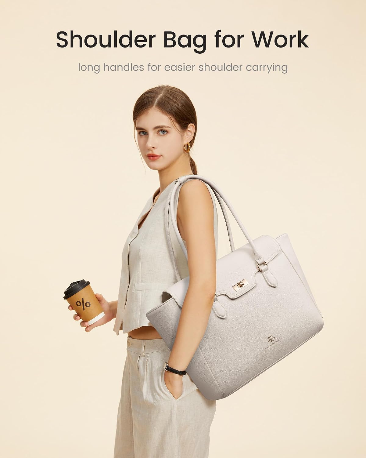 Soft leather work tote bag for women in neutral color with flap design and shoulder straps — view 3