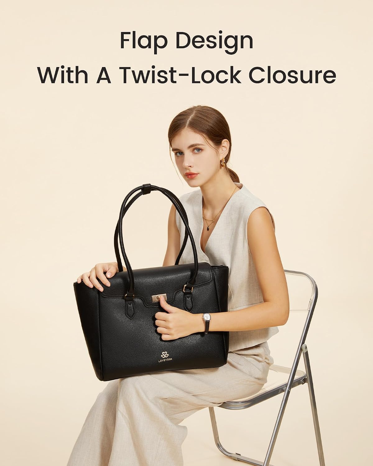 Soft leather work tote bag for women in neutral color with flap design and shoulder straps — view 4