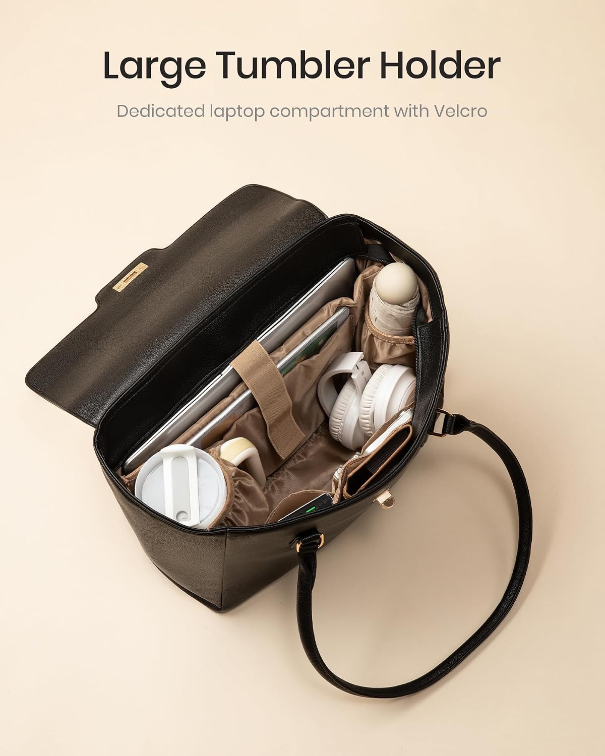 Soft leather work tote bag for women in neutral color with flap design and shoulder straps — view 5