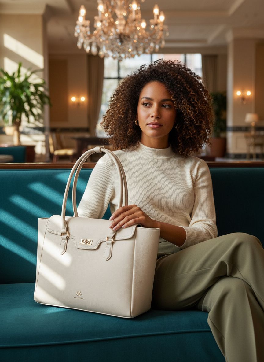 Soft leather work tote bag for women in neutral color with flap design and shoulder straps — view 5b