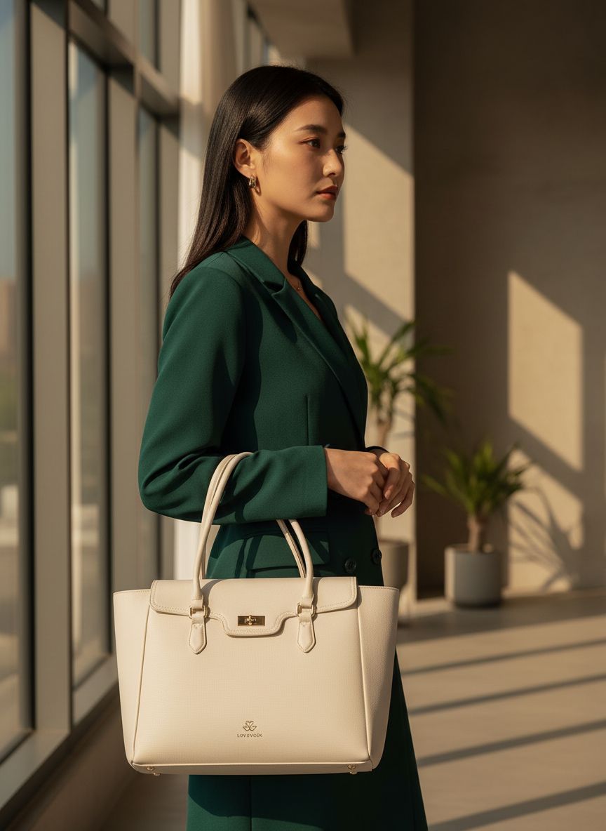 Soft leather work tote bag for women in neutral color with flap design and shoulder straps — view 7a