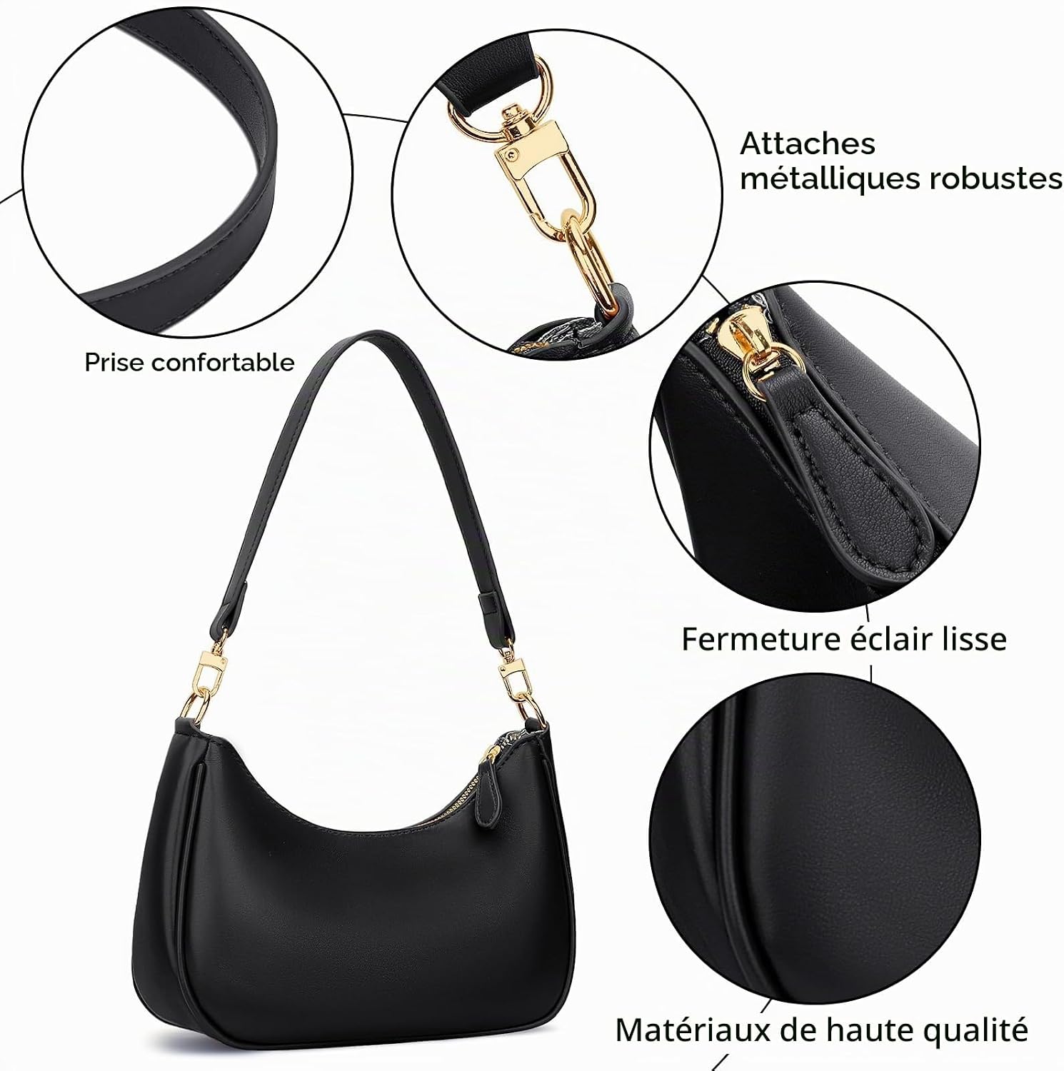 Black leather hobo shoulder bag with vintage styling — view 4