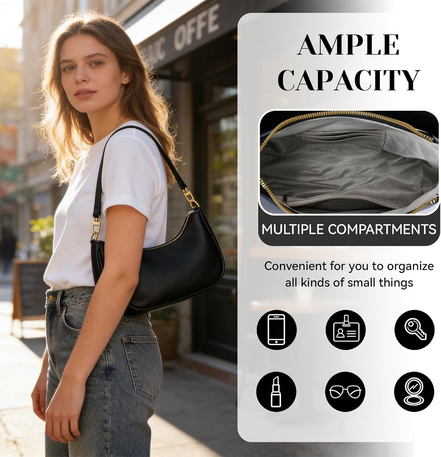 Black leather hobo shoulder bag with vintage styling — view 5