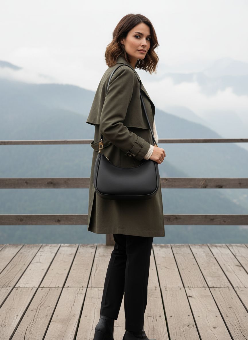 Black leather hobo shoulder bag with vintage styling — view 2