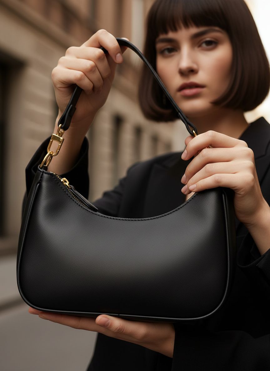 Black leather hobo shoulder bag with vintage styling — view 3b