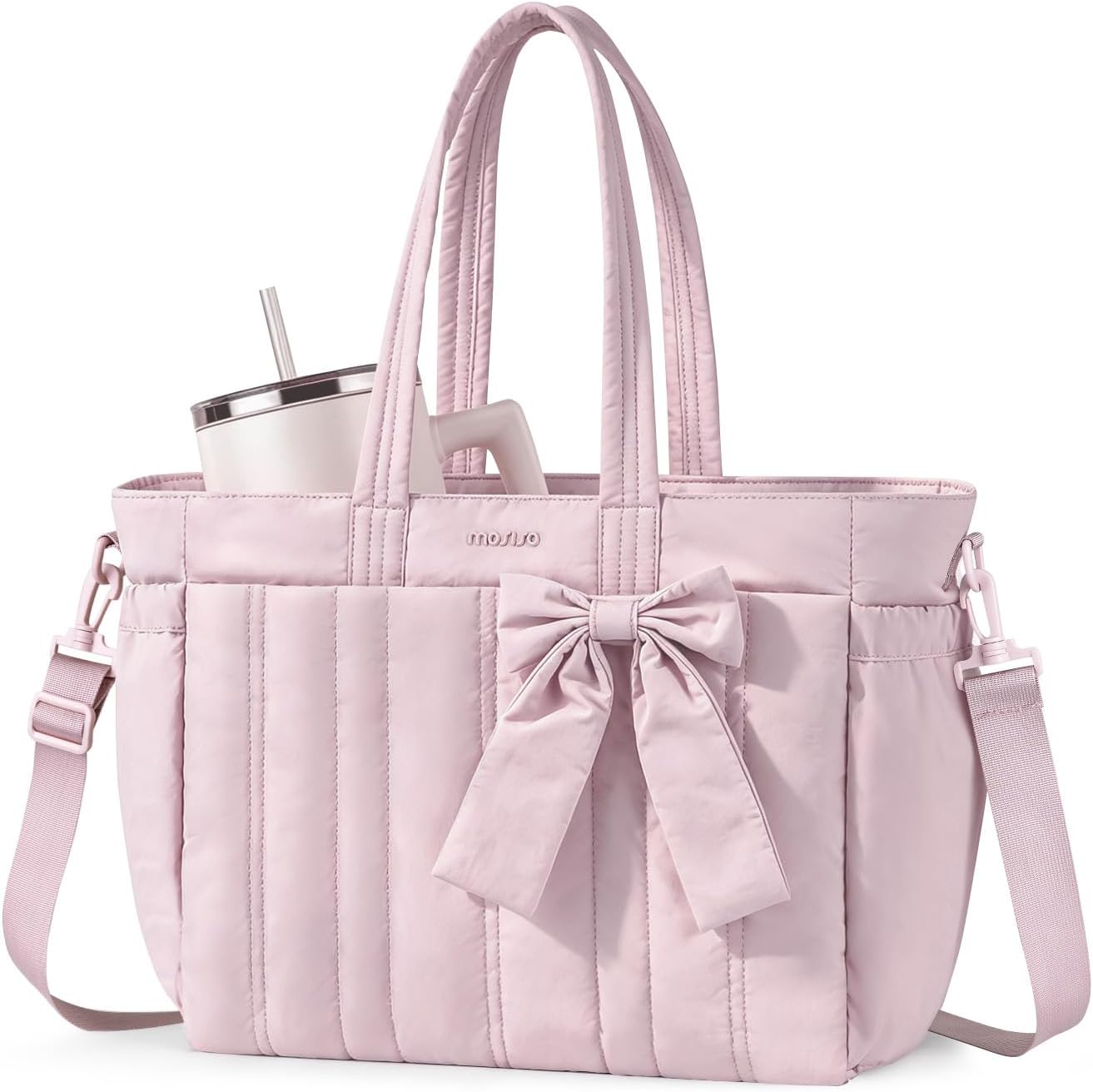 Canvas laptop tote bag in neutral color with cup holder and compartments — view 1