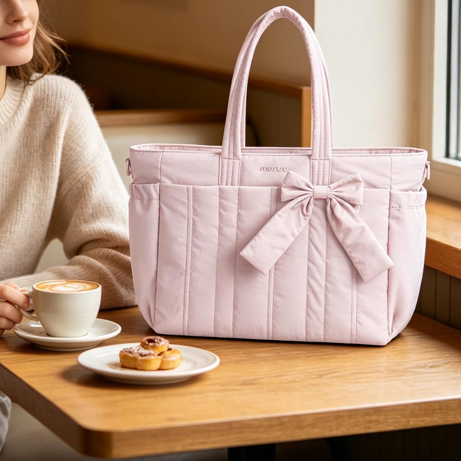 Canvas laptop tote bag in neutral color with cup holder and compartments — view 3