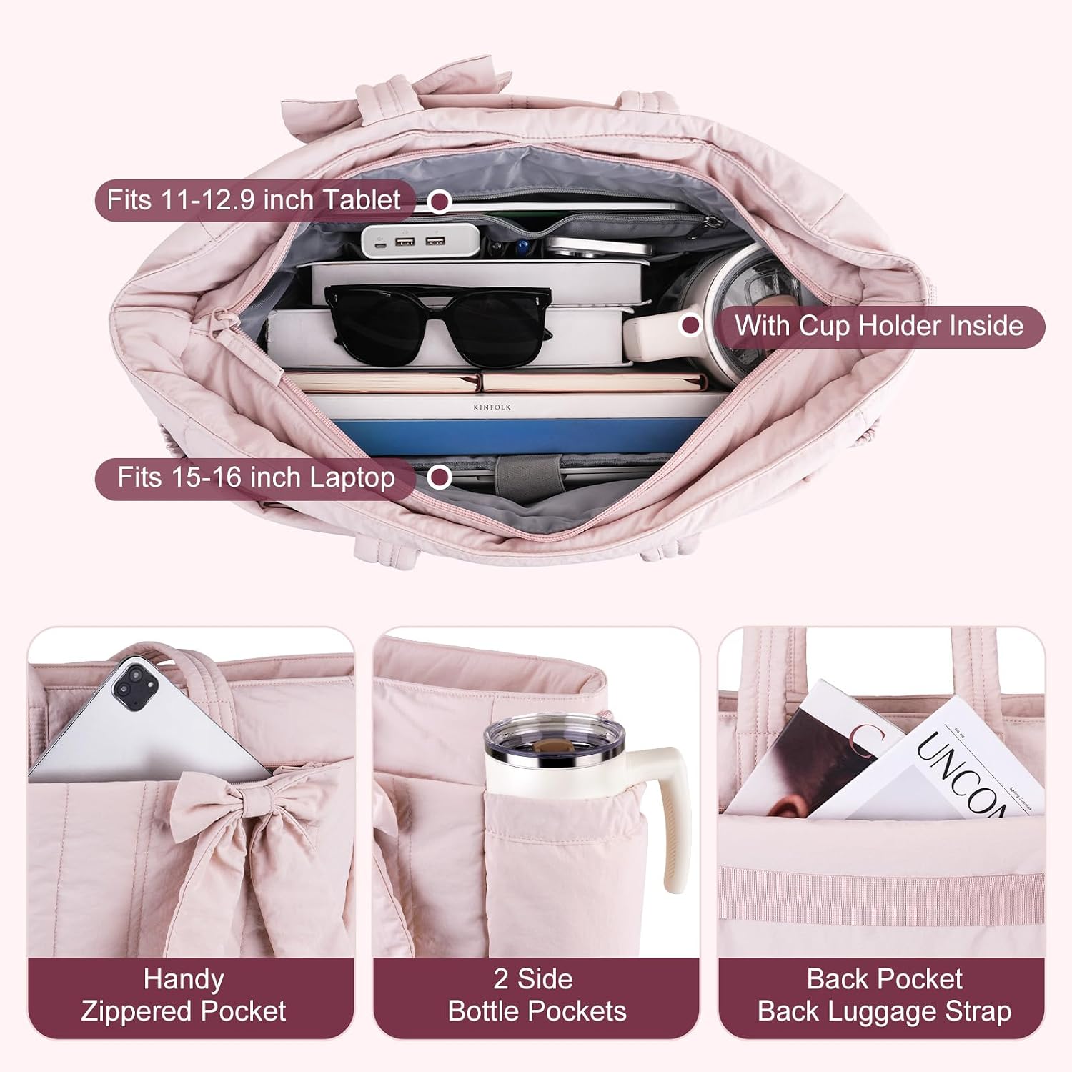 Canvas laptop tote bag in neutral color with cup holder and compartments — view 4