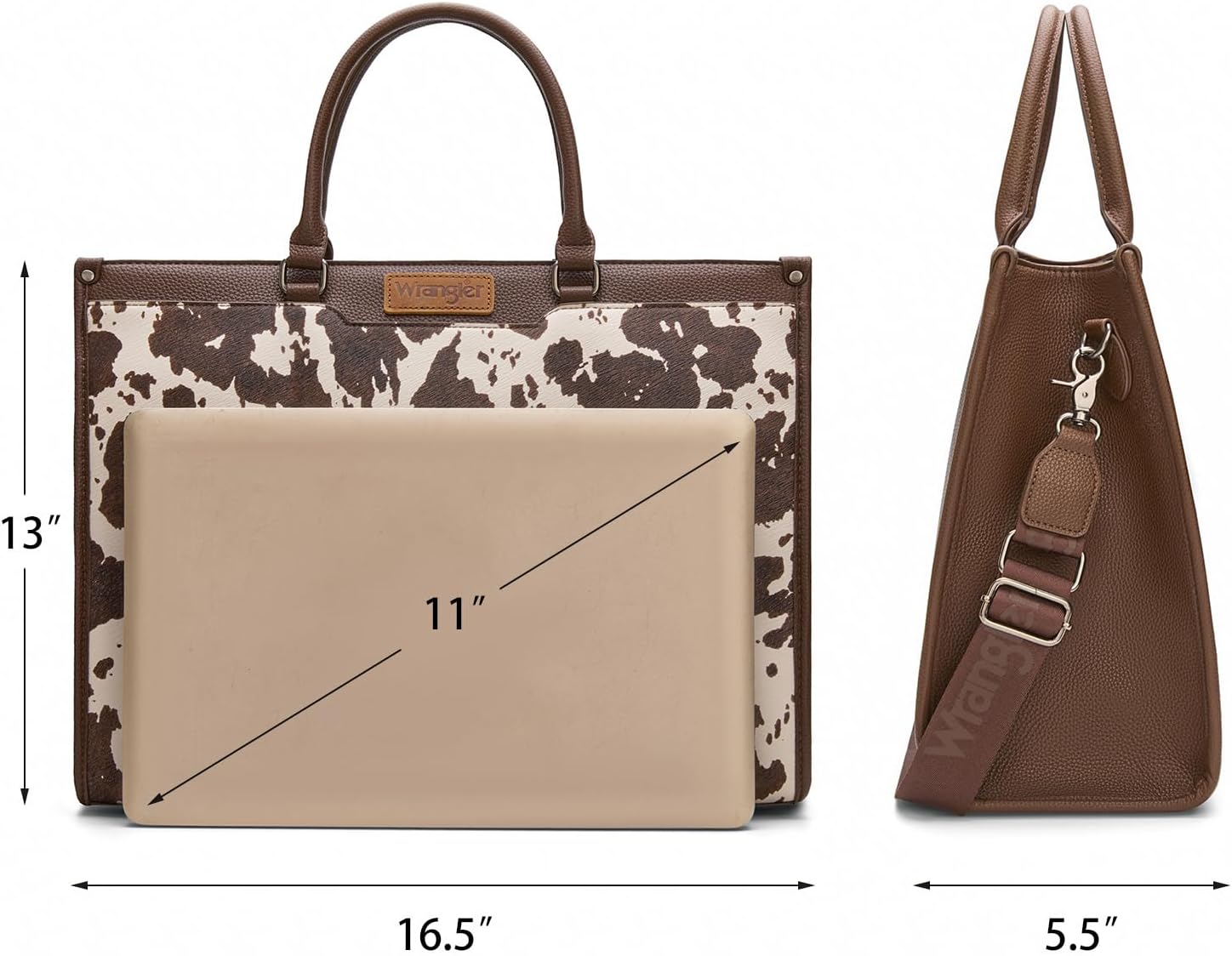 Canvas laptop shoulder bag in neutral tone, front view with organized compartments — side