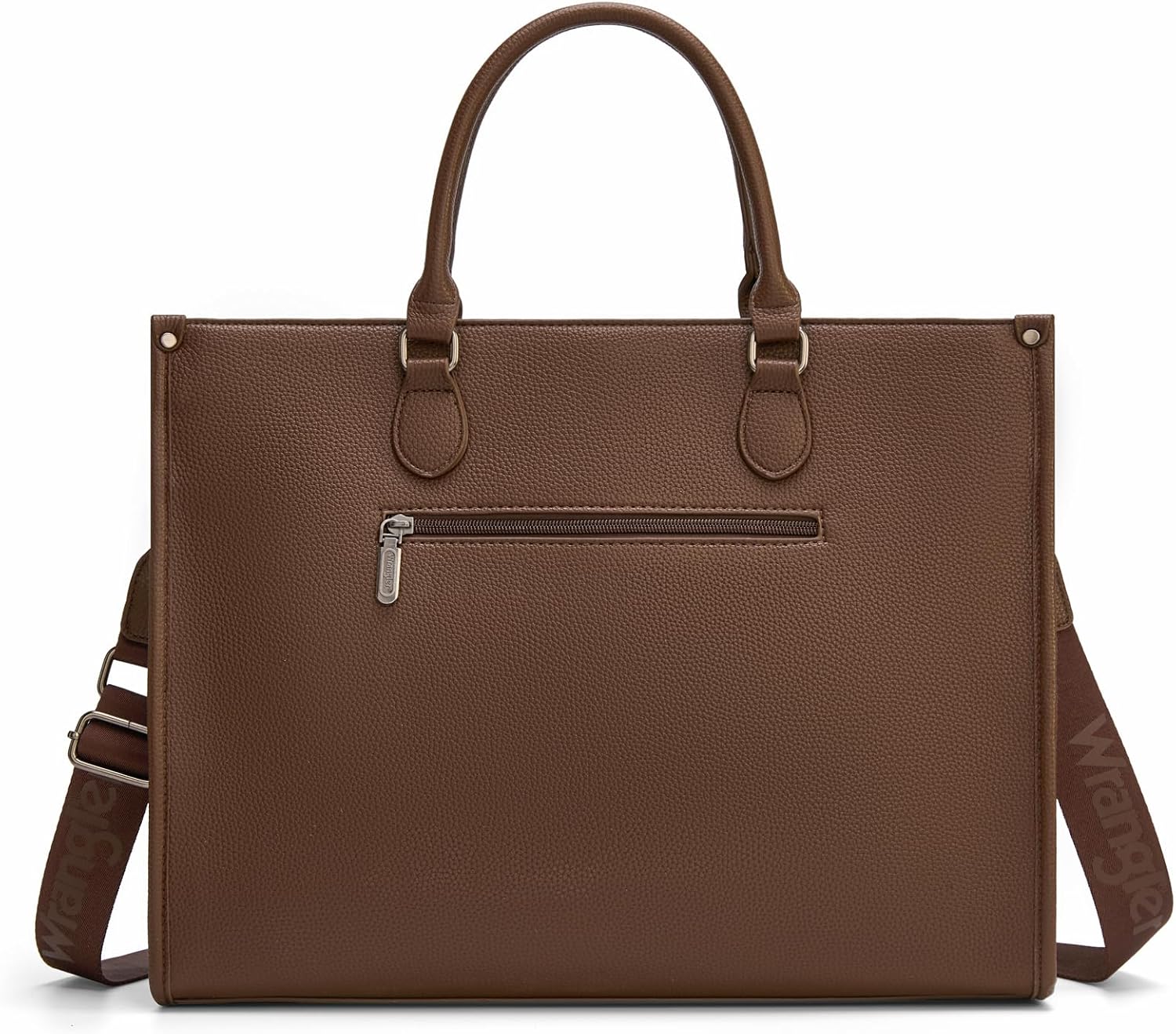 Canvas laptop shoulder bag in neutral tone, front view with organized compartments — detail