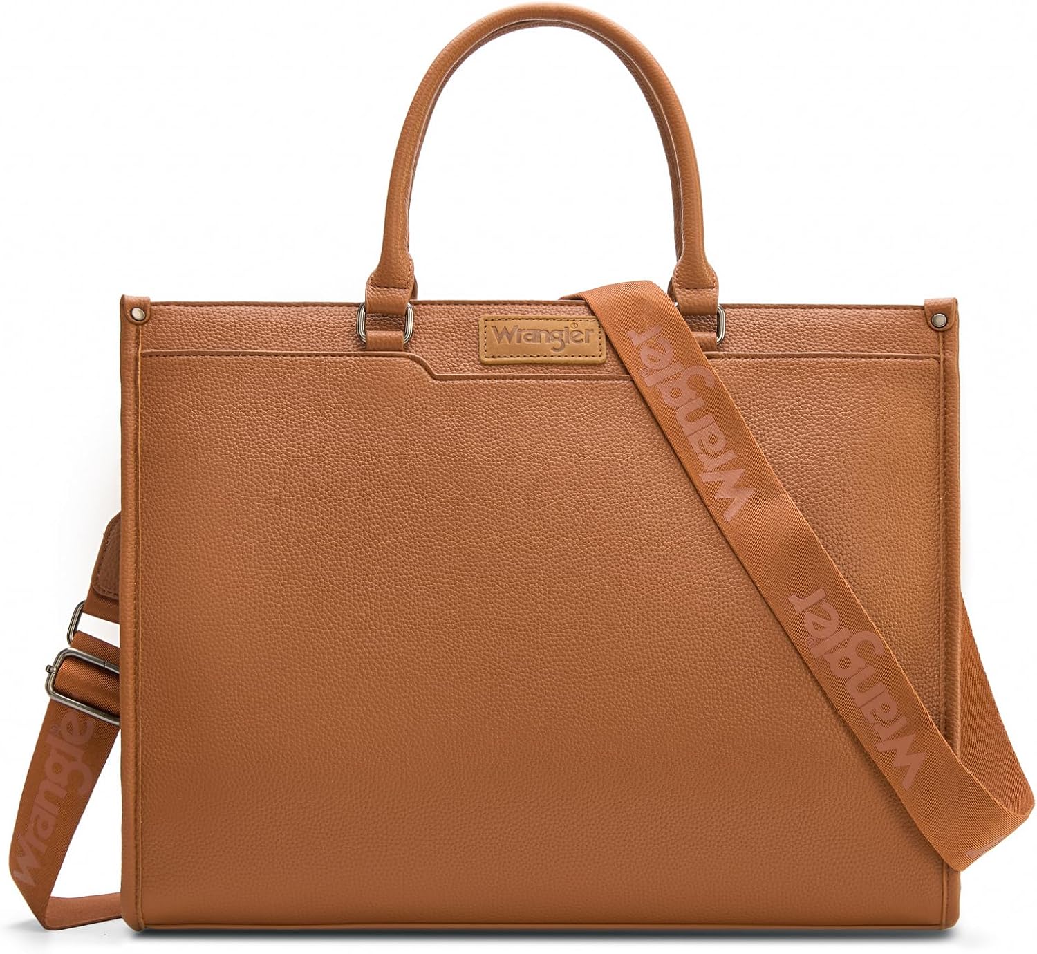Canvas laptop shoulder bag in neutral tone, front view with organized compartments — view 5
