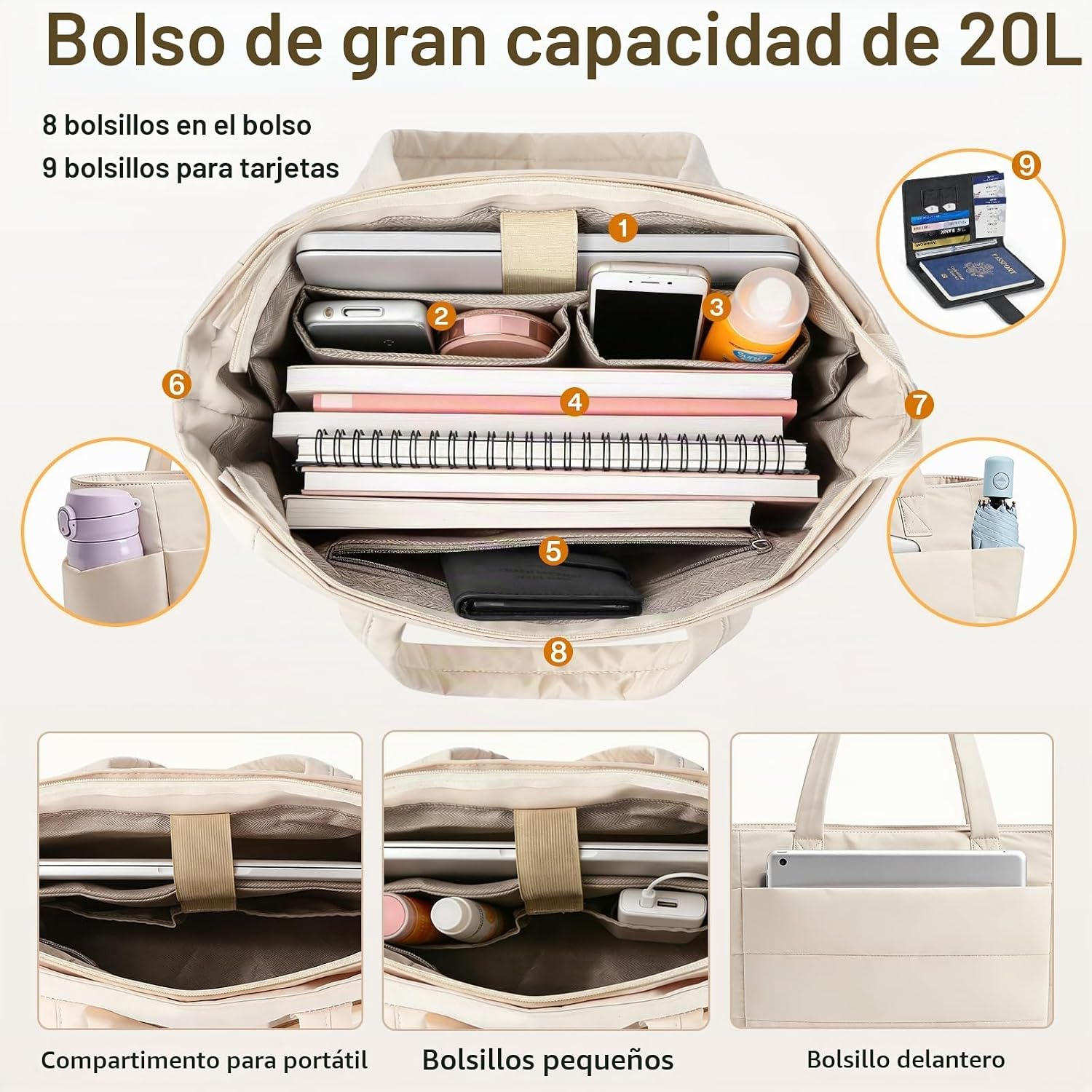 Neutral canvas tote bag with laptop compartment and organized pockets — view 4