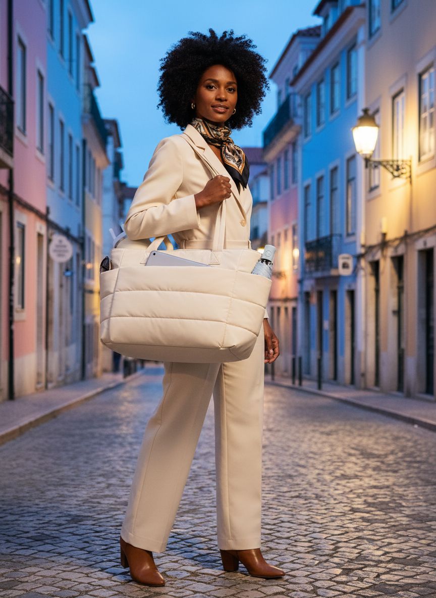 Neutral canvas tote bag with laptop compartment and organized pockets — view 1