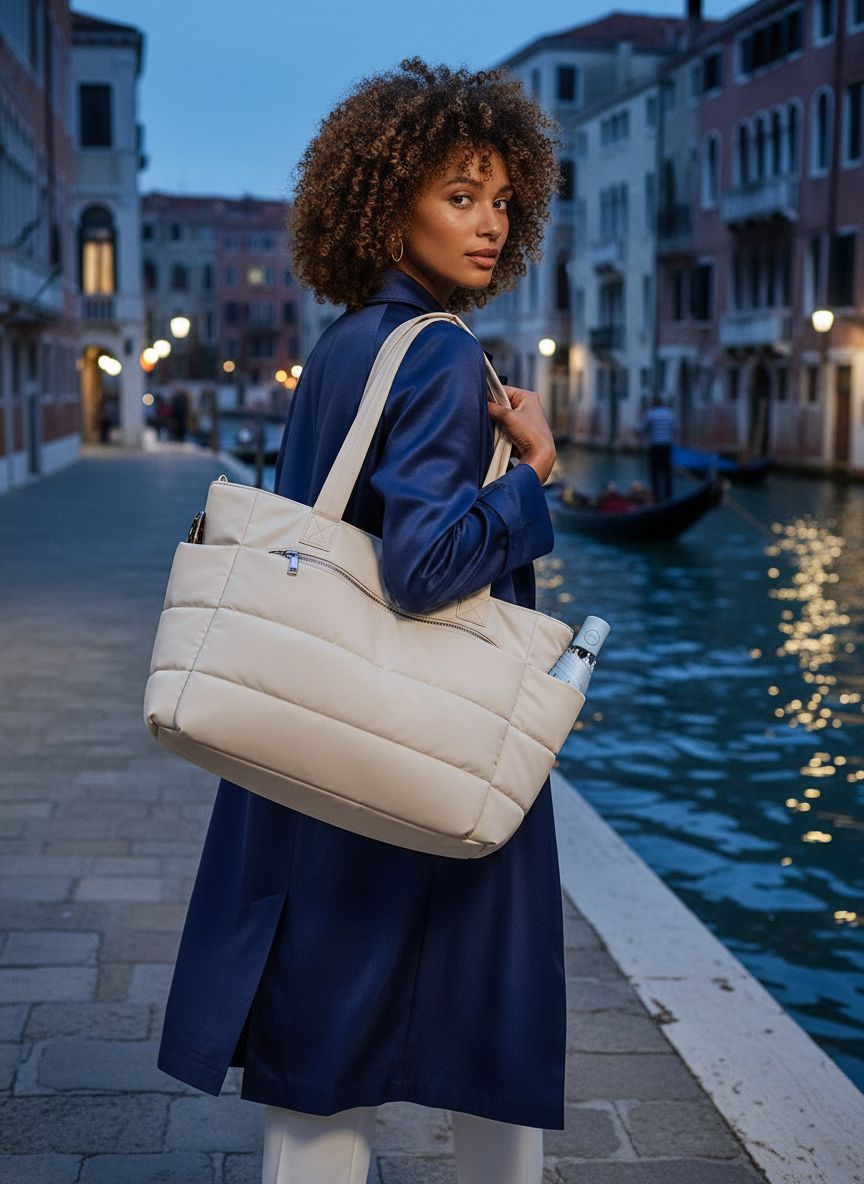 Neutral canvas tote bag with laptop compartment and organized pockets — view 2