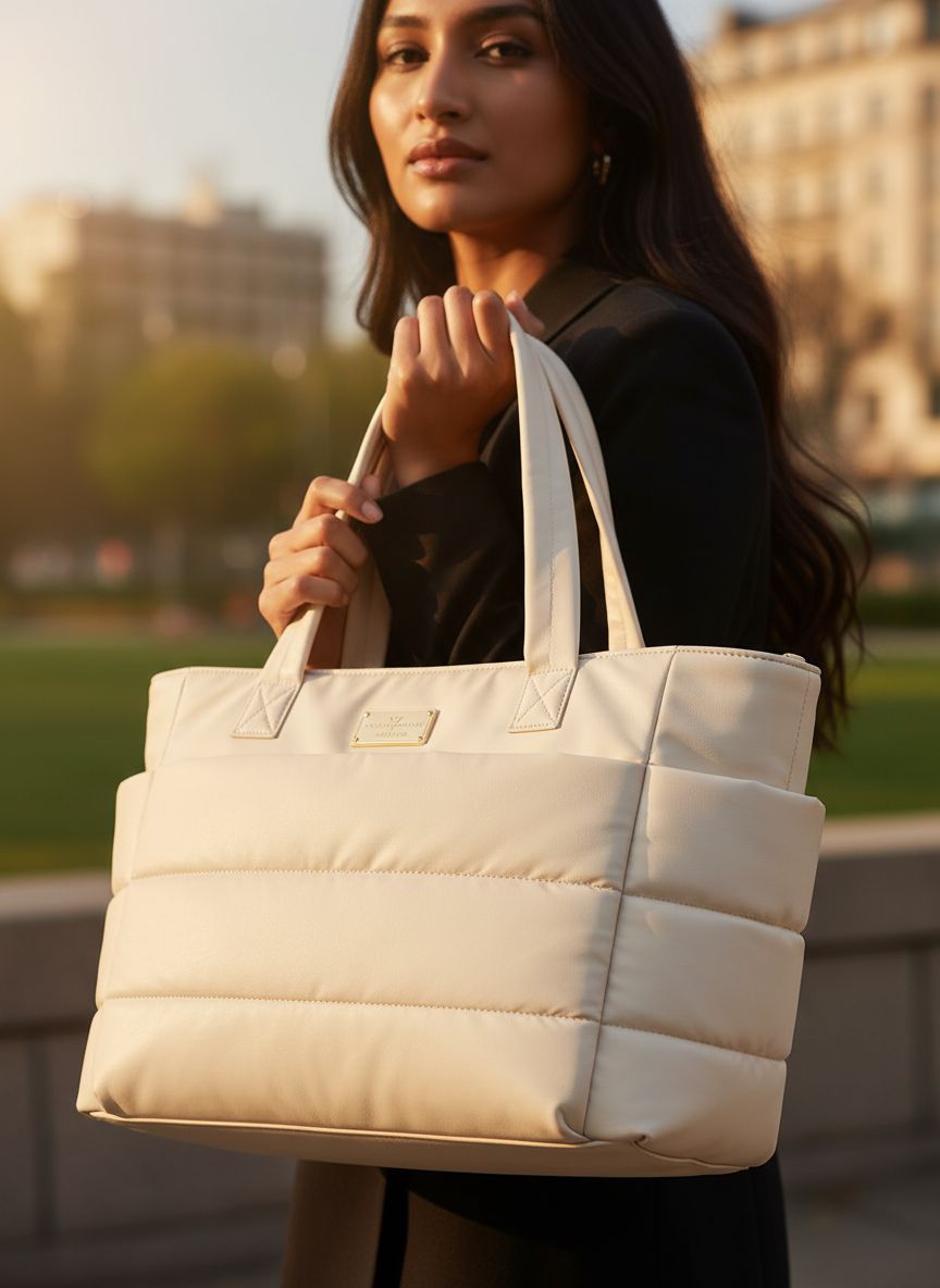 Neutral canvas tote bag with laptop compartment and organized pockets — view 3b