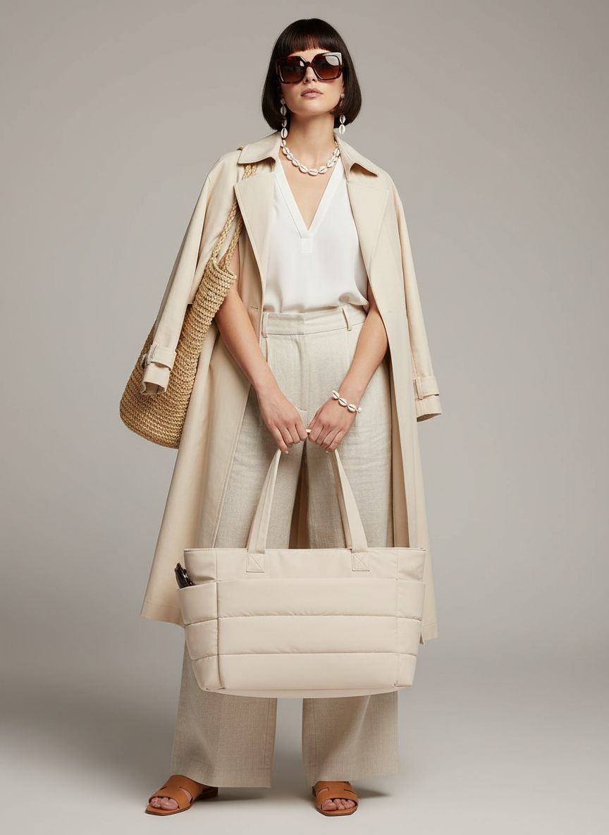 Neutral canvas tote bag with laptop compartment and organized pockets — view 6