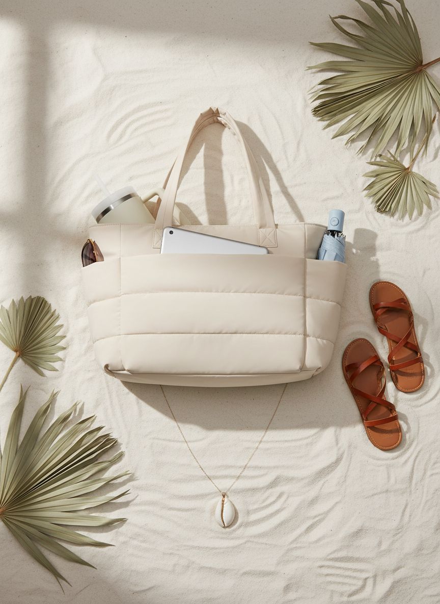 Neutral canvas tote bag with laptop compartment and organized pockets — view 7b