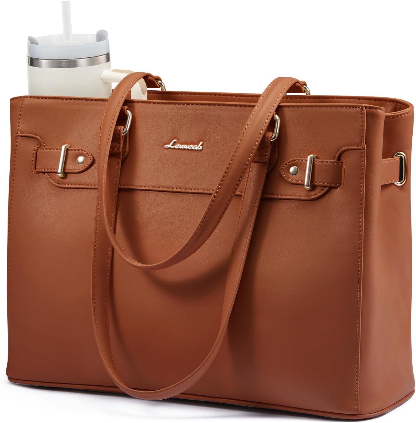 Black PU leather laptop tote bag with compartments and cup holder โ view 1