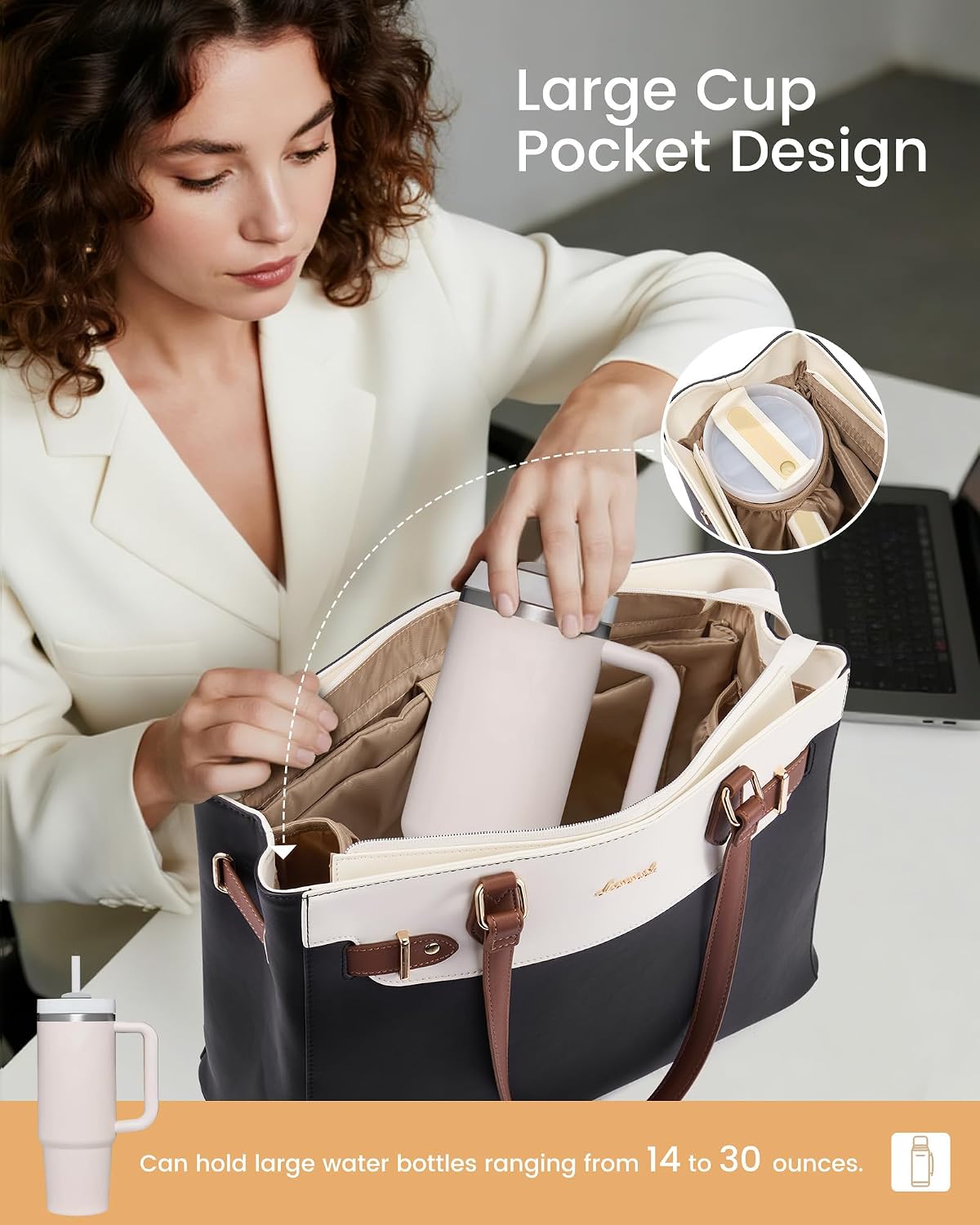 Black PU leather laptop tote bag with compartments and cup holder โ view 3
