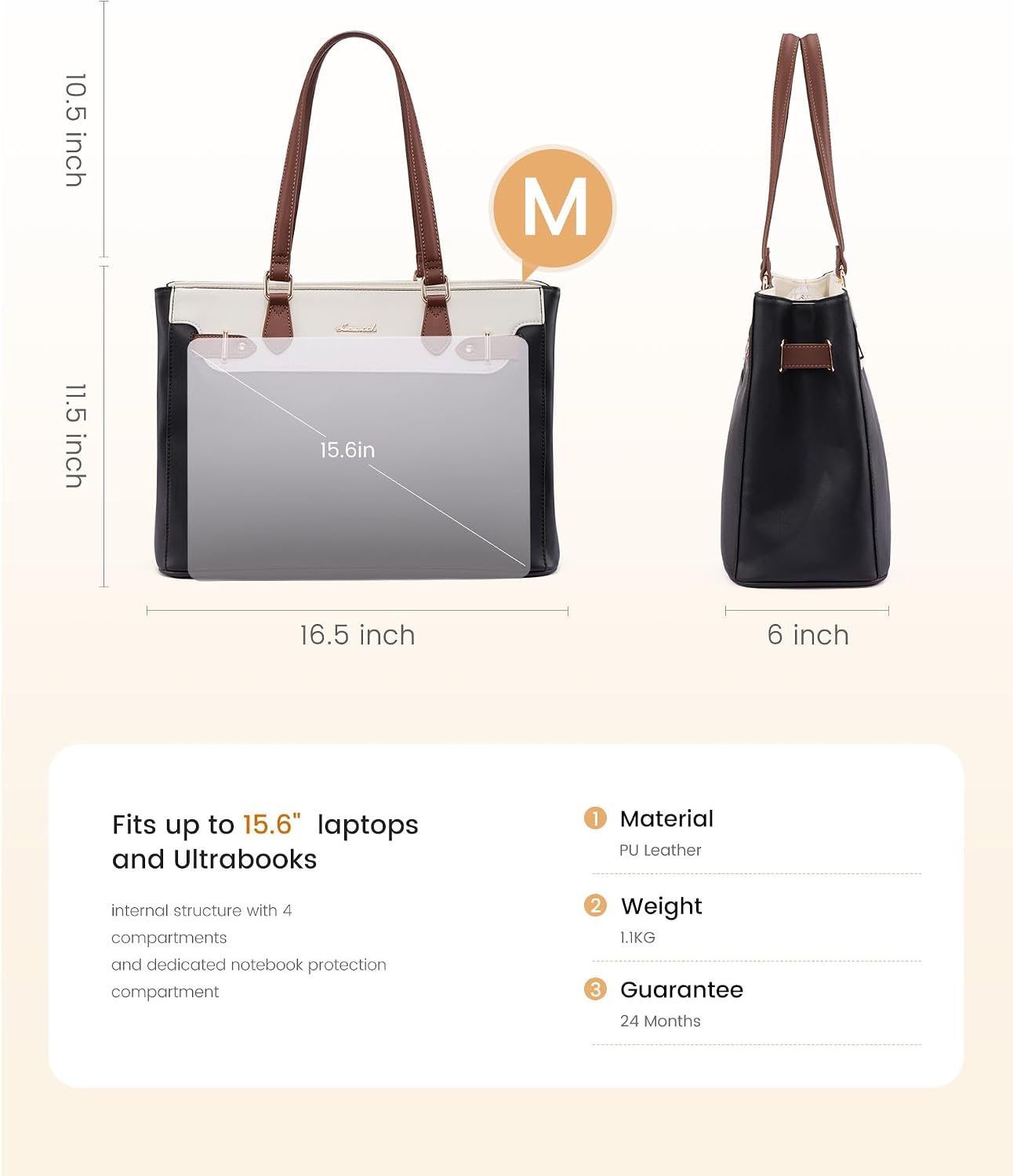 Black PU leather laptop tote bag with compartments and cup holder โ view 4