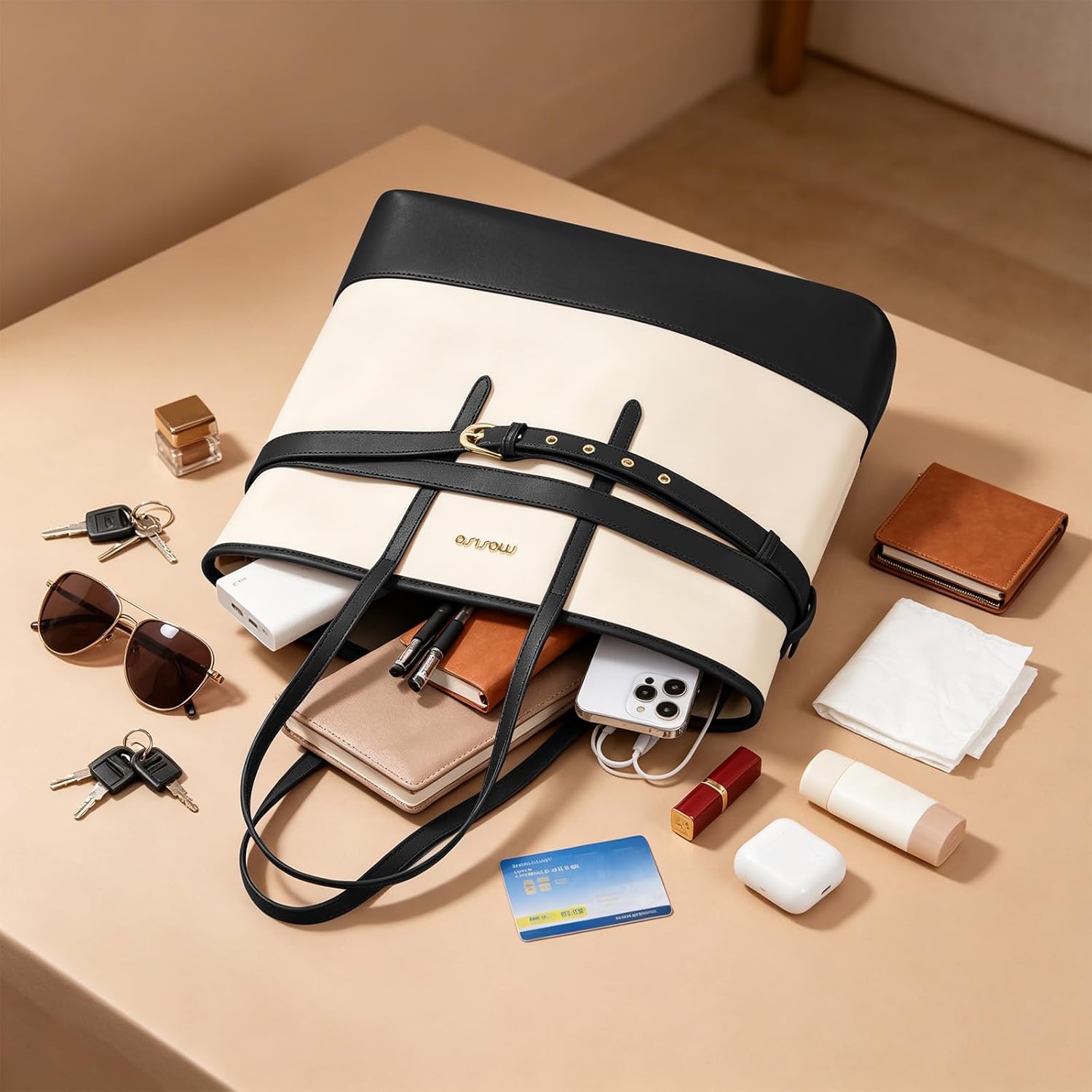 Neutral canvas laptop tote bag with cup holder, 15.6 inch capacity — view 3