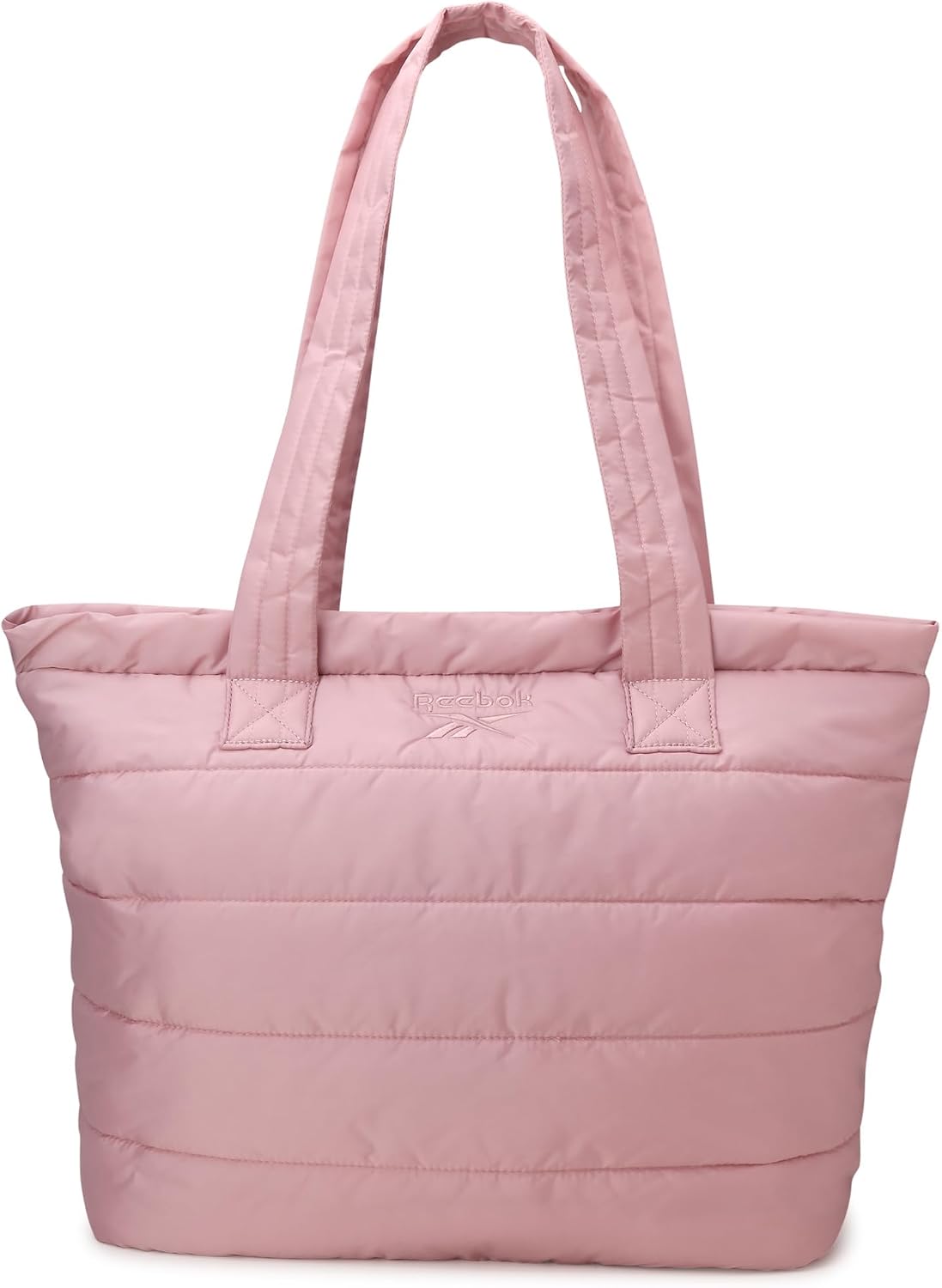 Quilted nylon puffer tote bag in neutral color, shown as work and travel carry-on — view 1