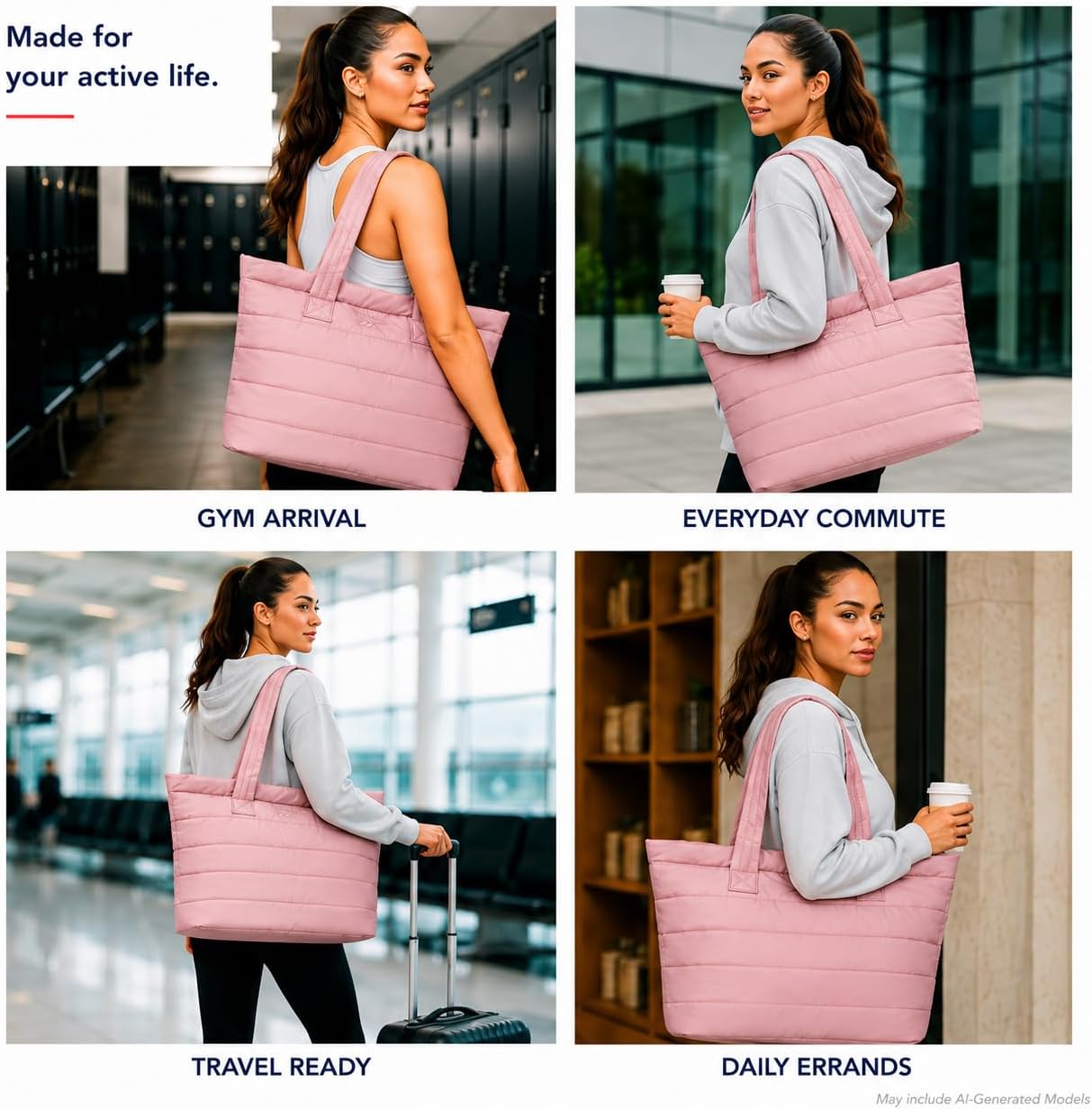 Quilted nylon puffer tote bag in neutral color, shown as work and travel carry-on — view 2
