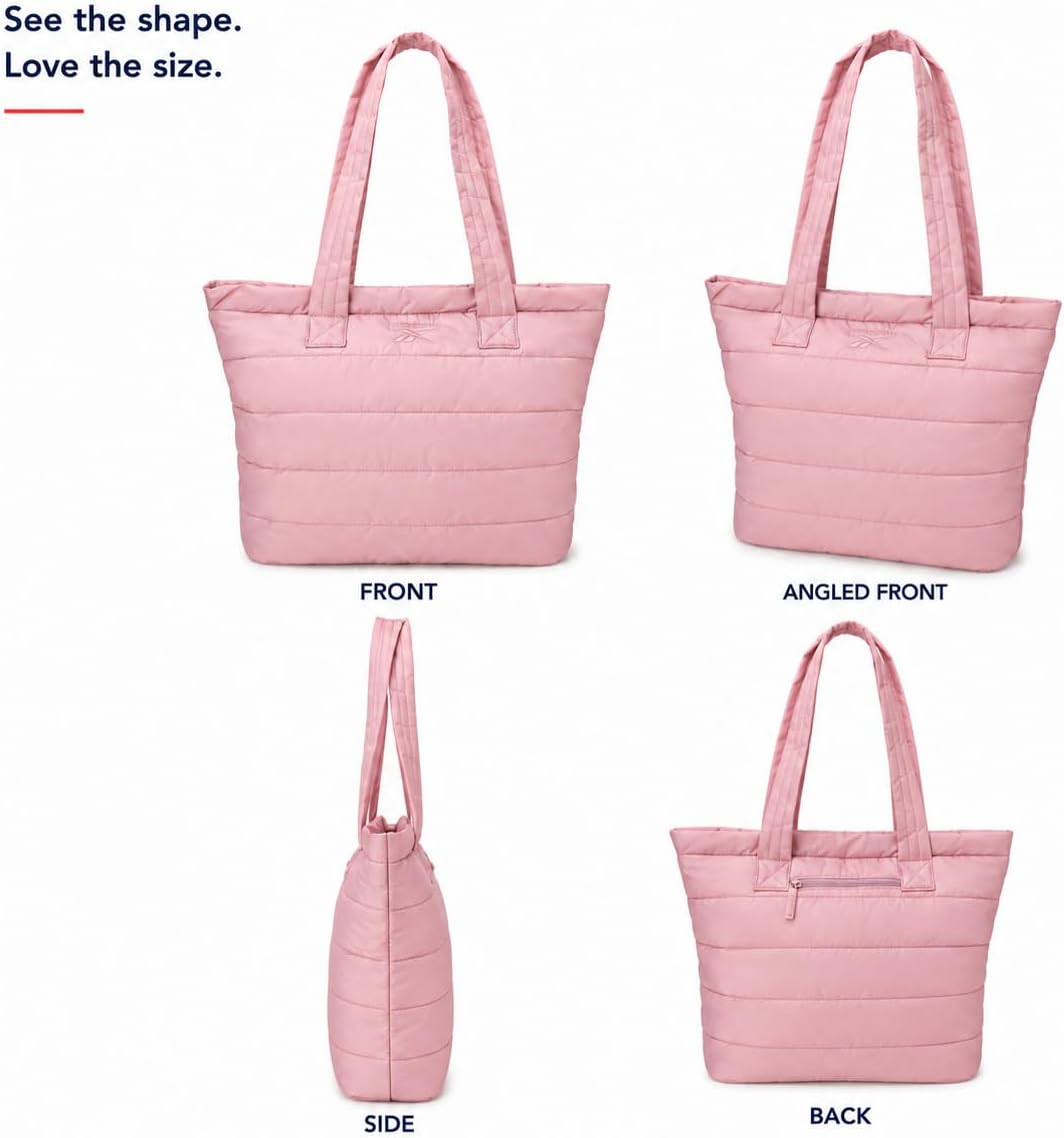 Quilted nylon puffer tote bag in neutral color, shown as work and travel carry-on — view 3