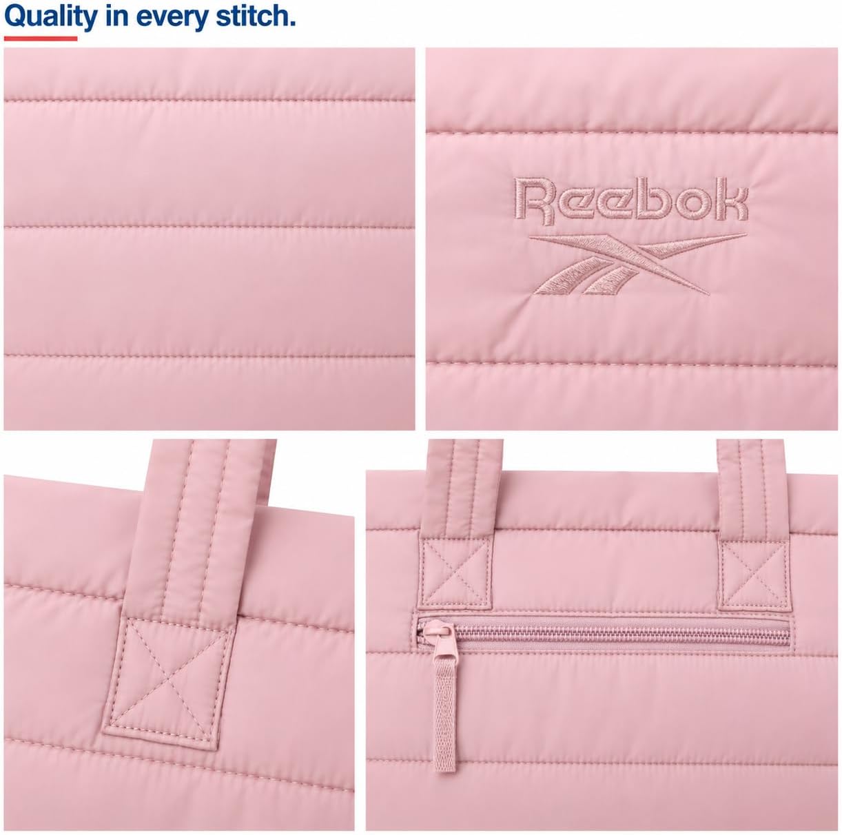 Quilted nylon puffer tote bag in neutral color, shown as work and travel carry-on — view 4