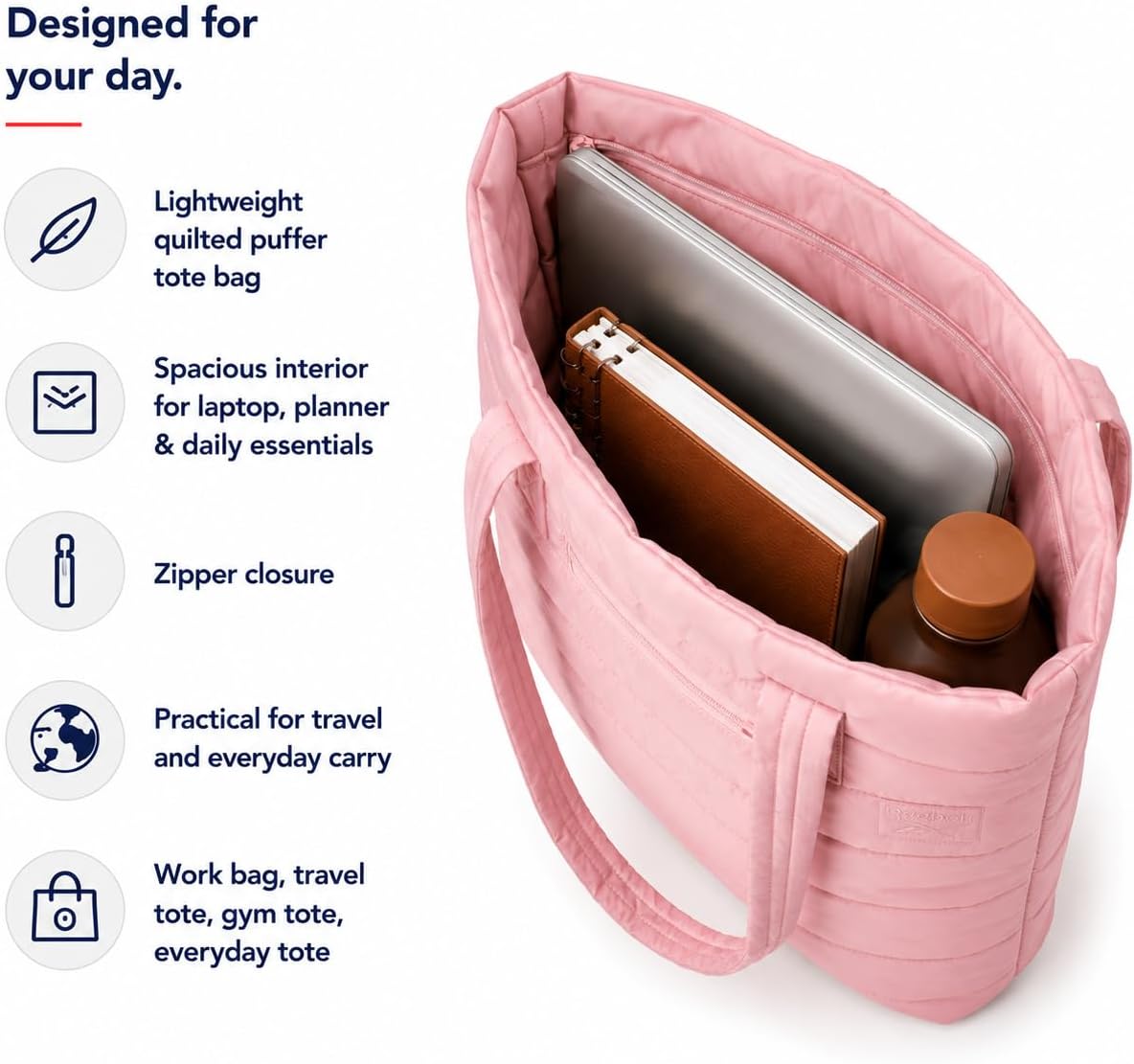 Quilted nylon puffer tote bag in neutral color, shown as work and travel carry-on — view 5
