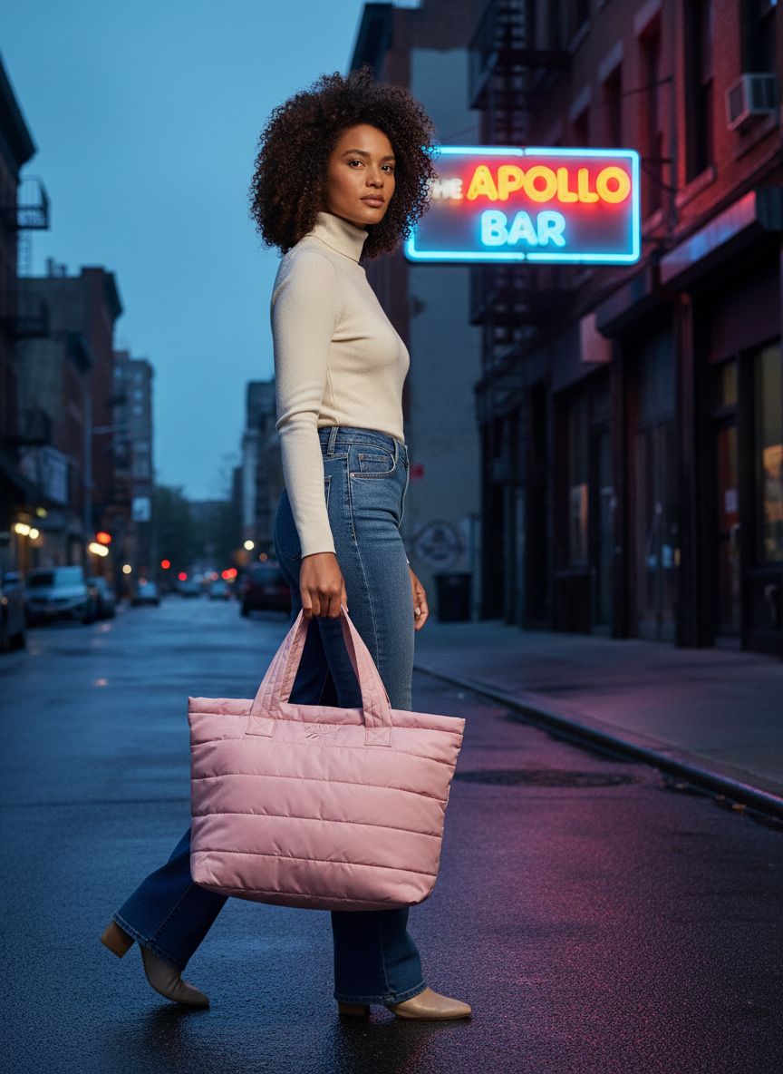Quilted nylon puffer tote bag in neutral color, shown as work and travel carry-on — view 3a