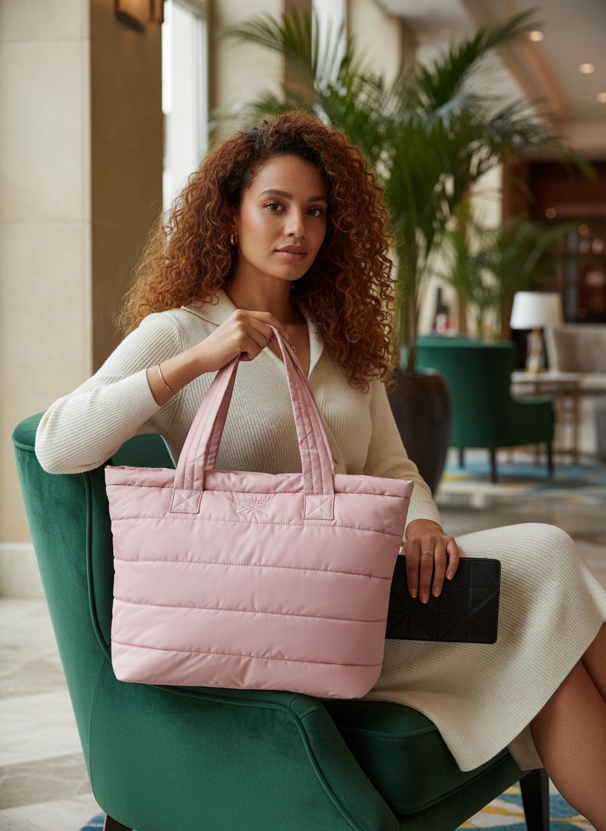 Quilted nylon puffer tote bag in neutral color, shown as work and travel carry-on — view 5b