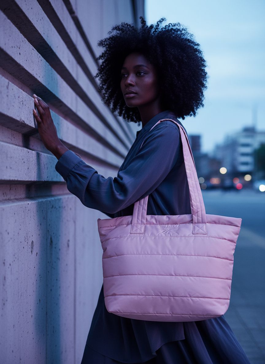 Quilted nylon puffer tote bag in neutral color, shown as work and travel carry-on — view 7a