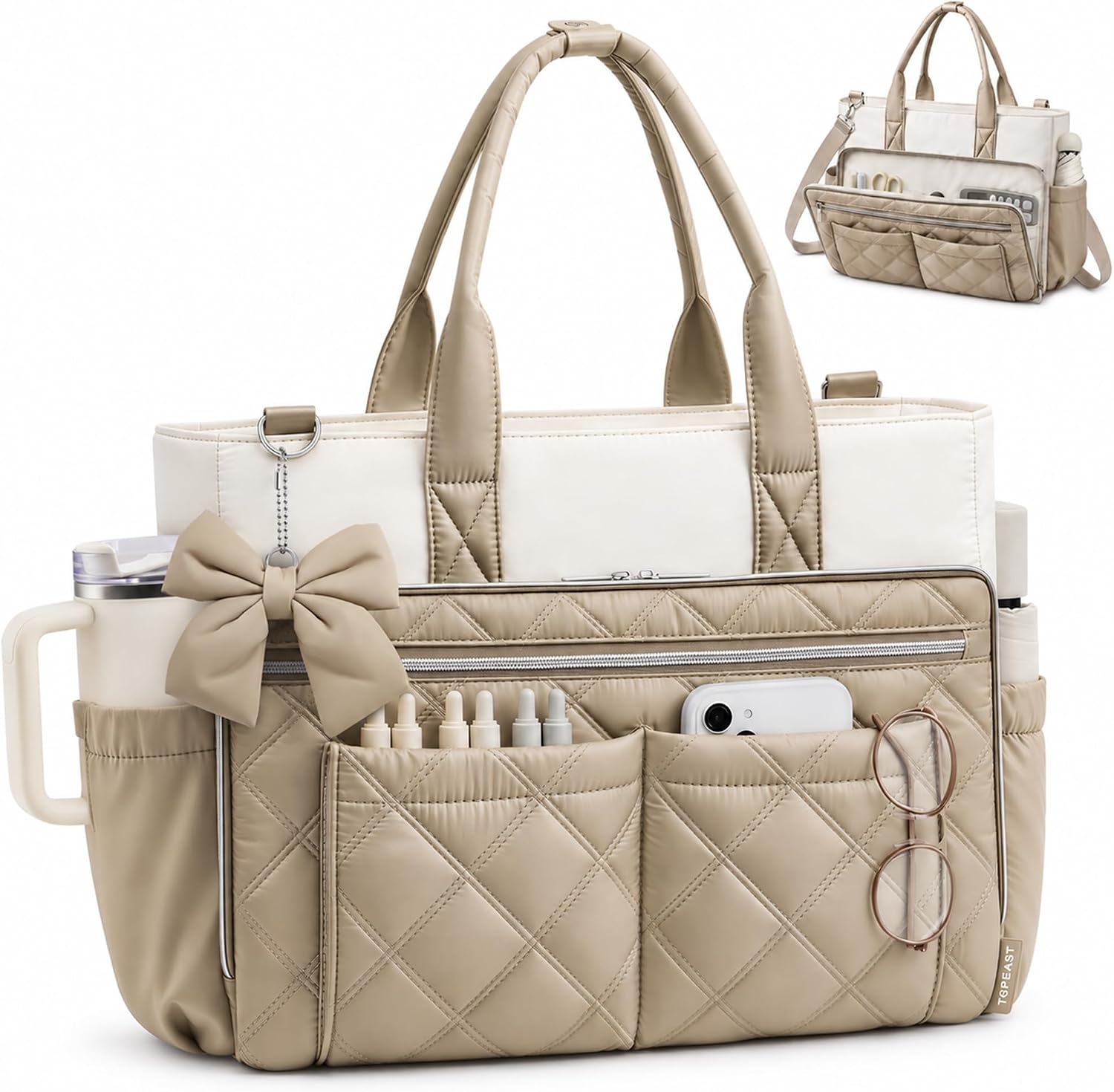 Quilted canvas work tote bag in neutral color, shown from front view — view 1