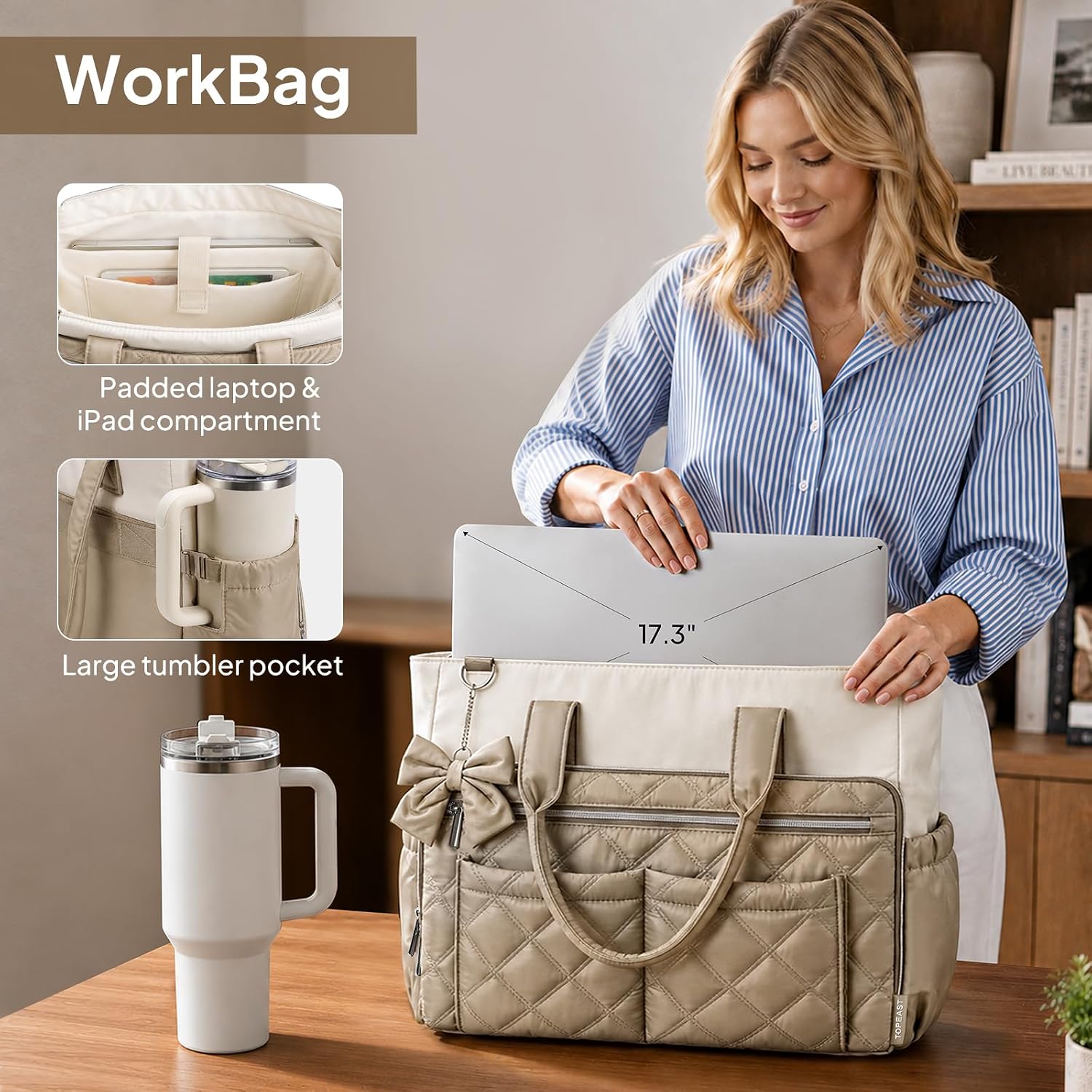 Quilted canvas work tote bag in neutral color, shown from front view — detail