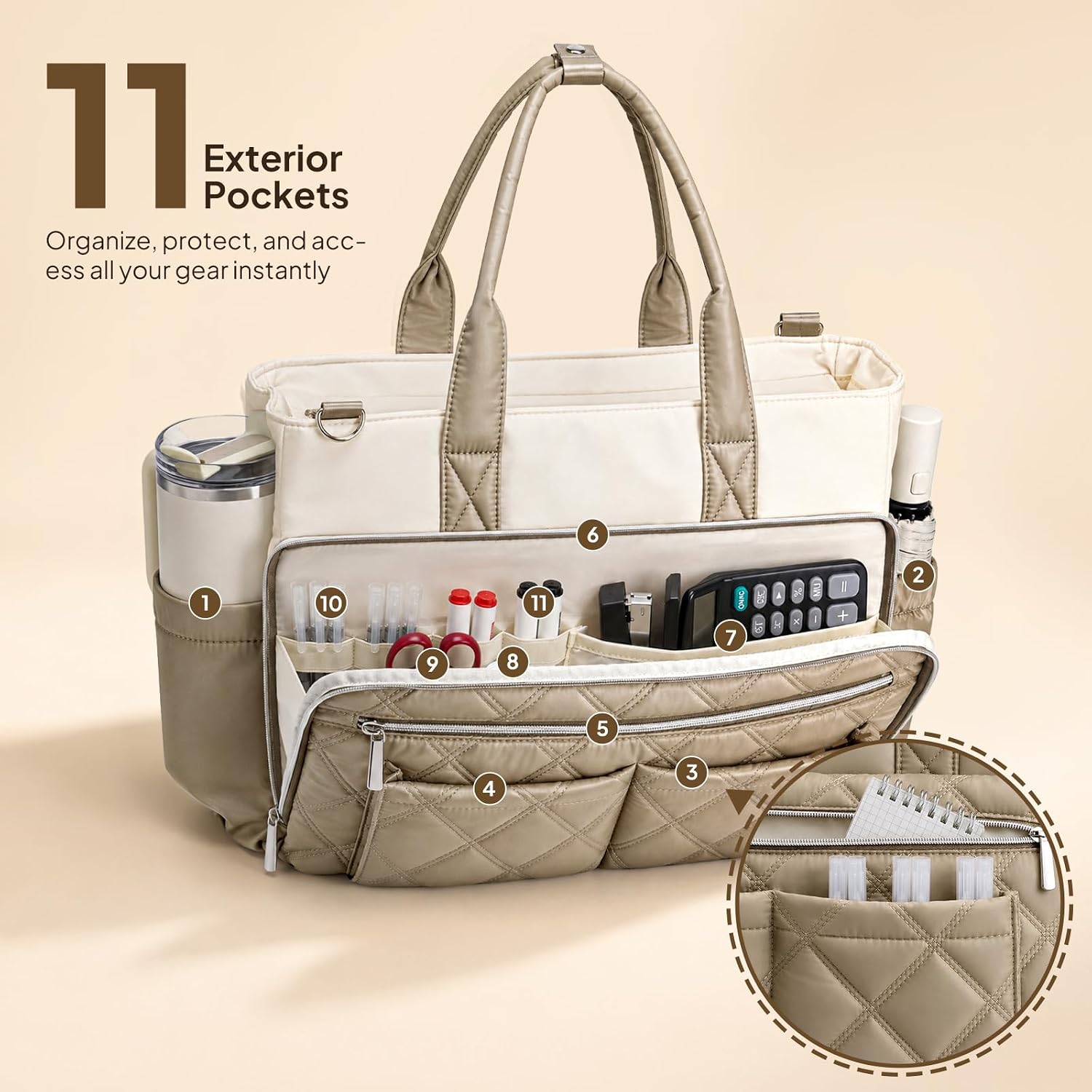 Quilted canvas work tote bag in neutral color, shown from front view — view 5a
