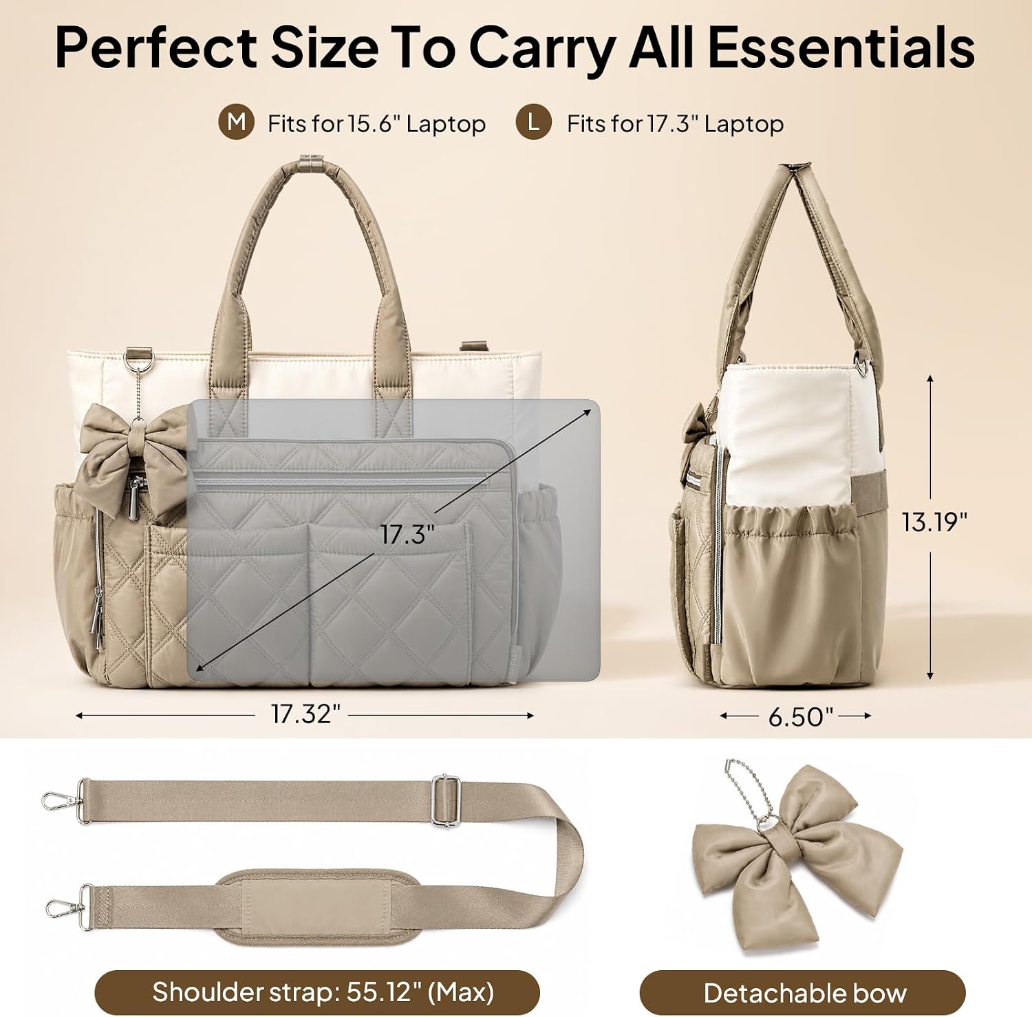 Quilted canvas work tote bag in neutral color, shown from front view — view 6