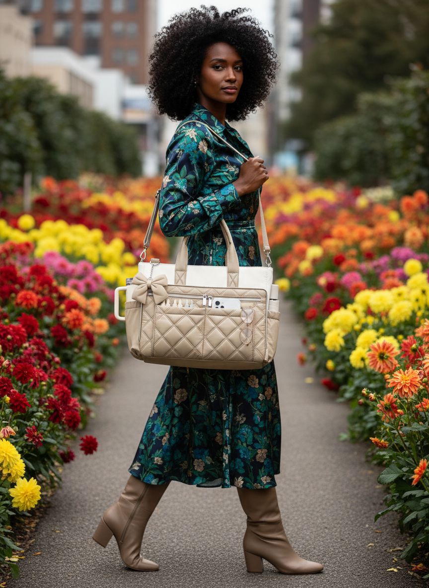 Quilted canvas work tote bag in neutral color, shown from front view — view 3a