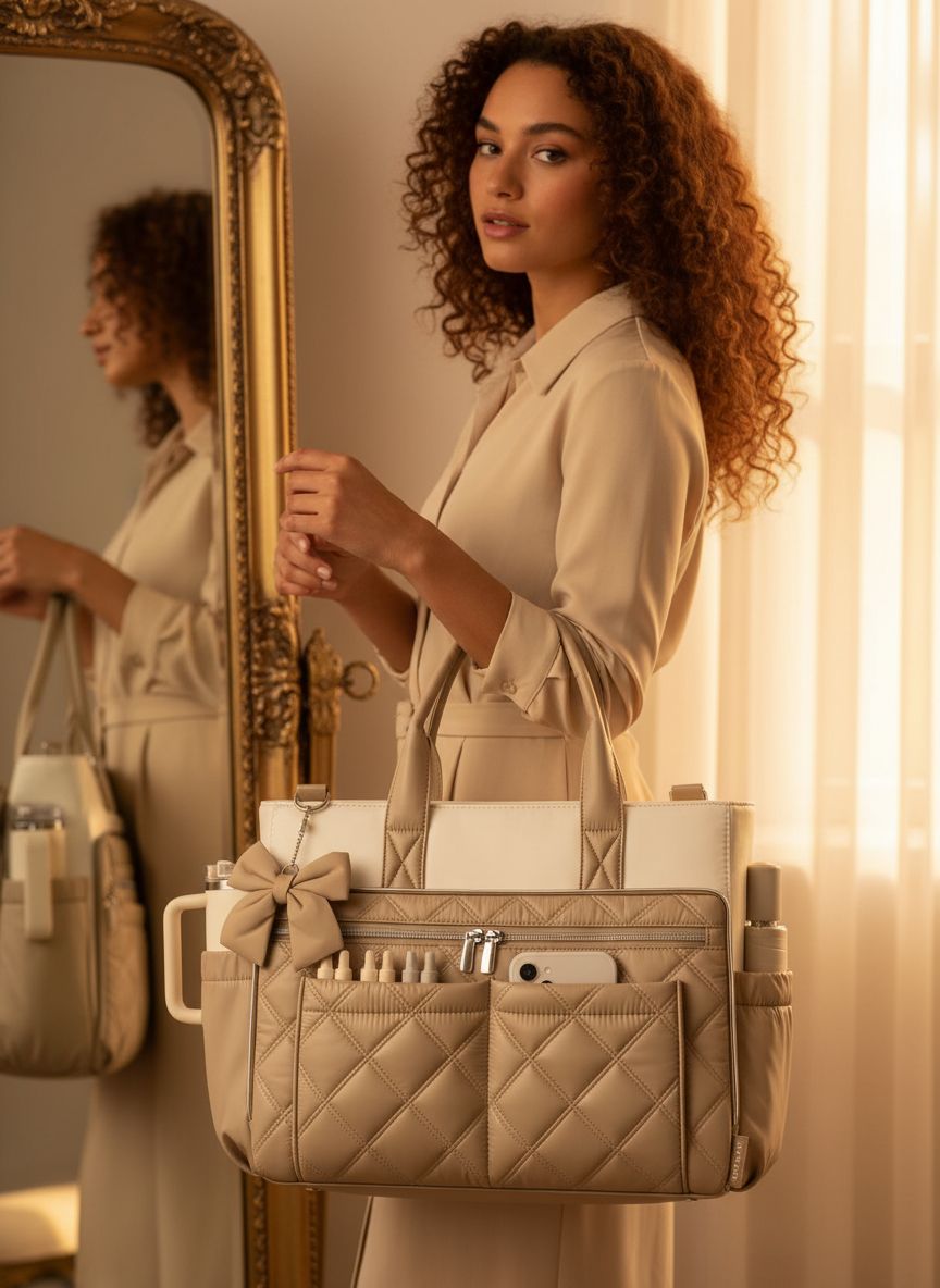 Quilted canvas work tote bag in neutral color, shown from front view — view 3b